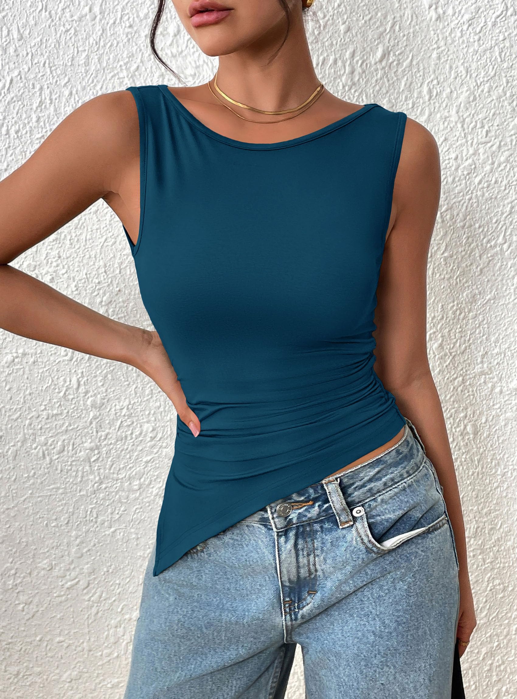 Women's Ruched Tank Tops Summer Y2K Shirts,Peacock Blue,S