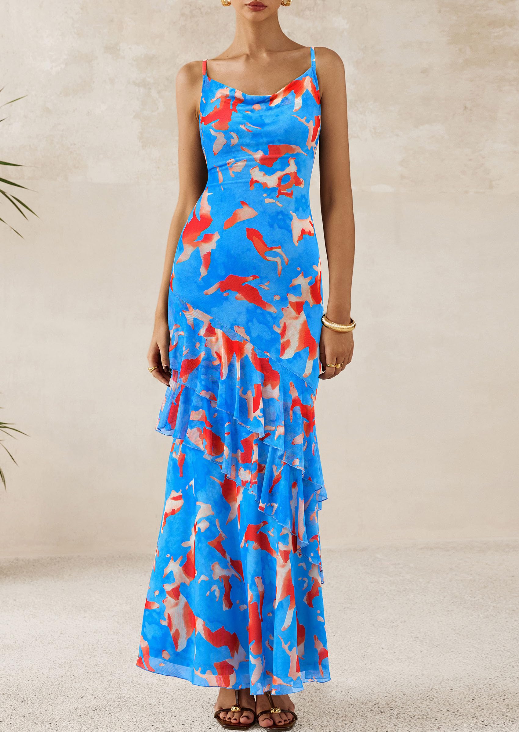 Women's Boho Floral Tiered Maxi Dress, Floral Light Blue,XS