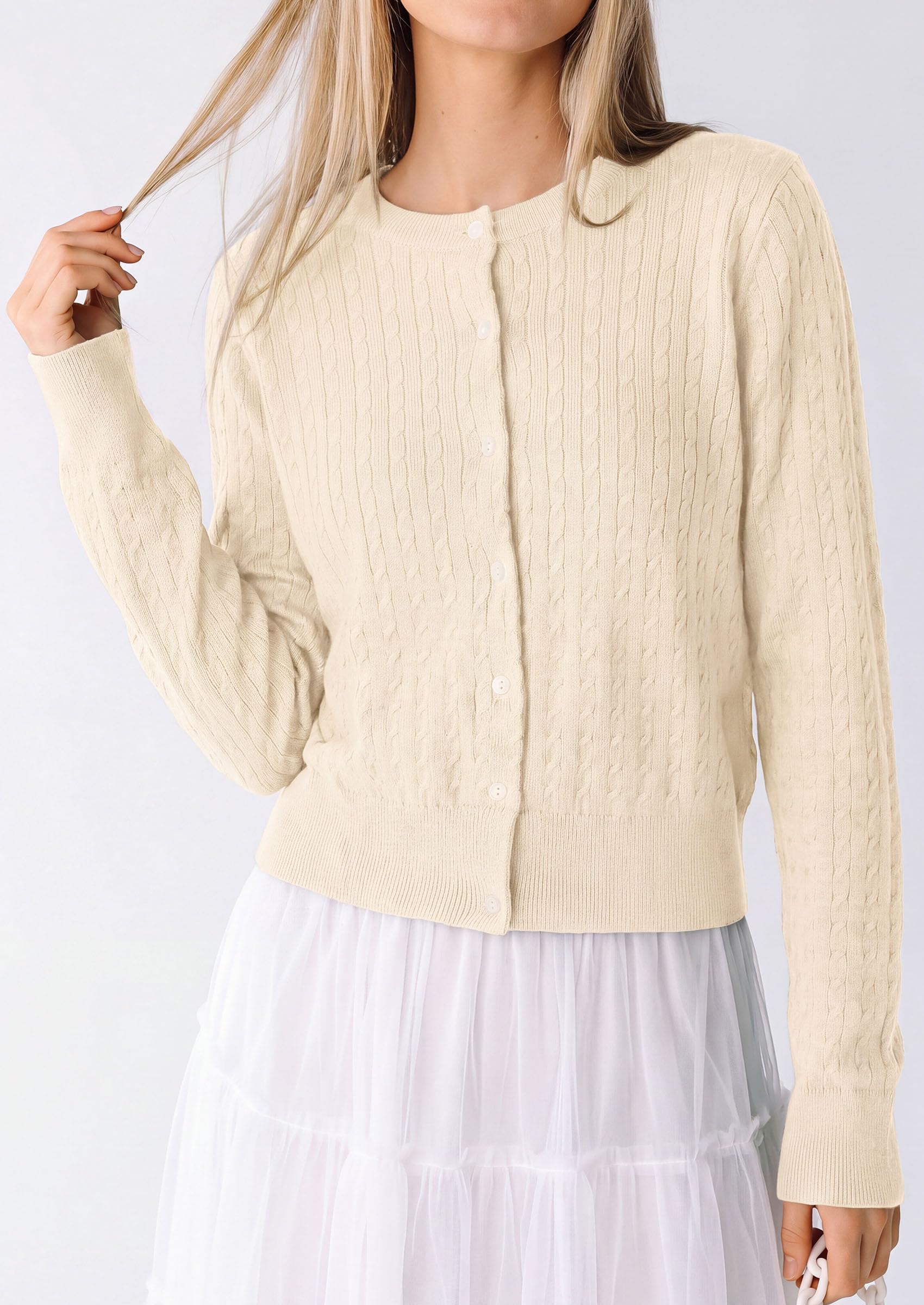 Women Fall Lightweight Cardigans Button Up Cable Knit Sweaters
