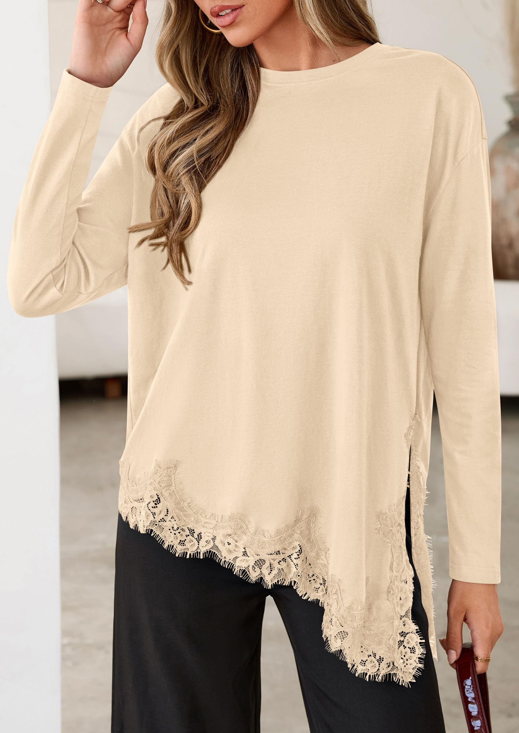 Women's Long Sleeve Asymmetrical Lace Tops Oversized Tshirts