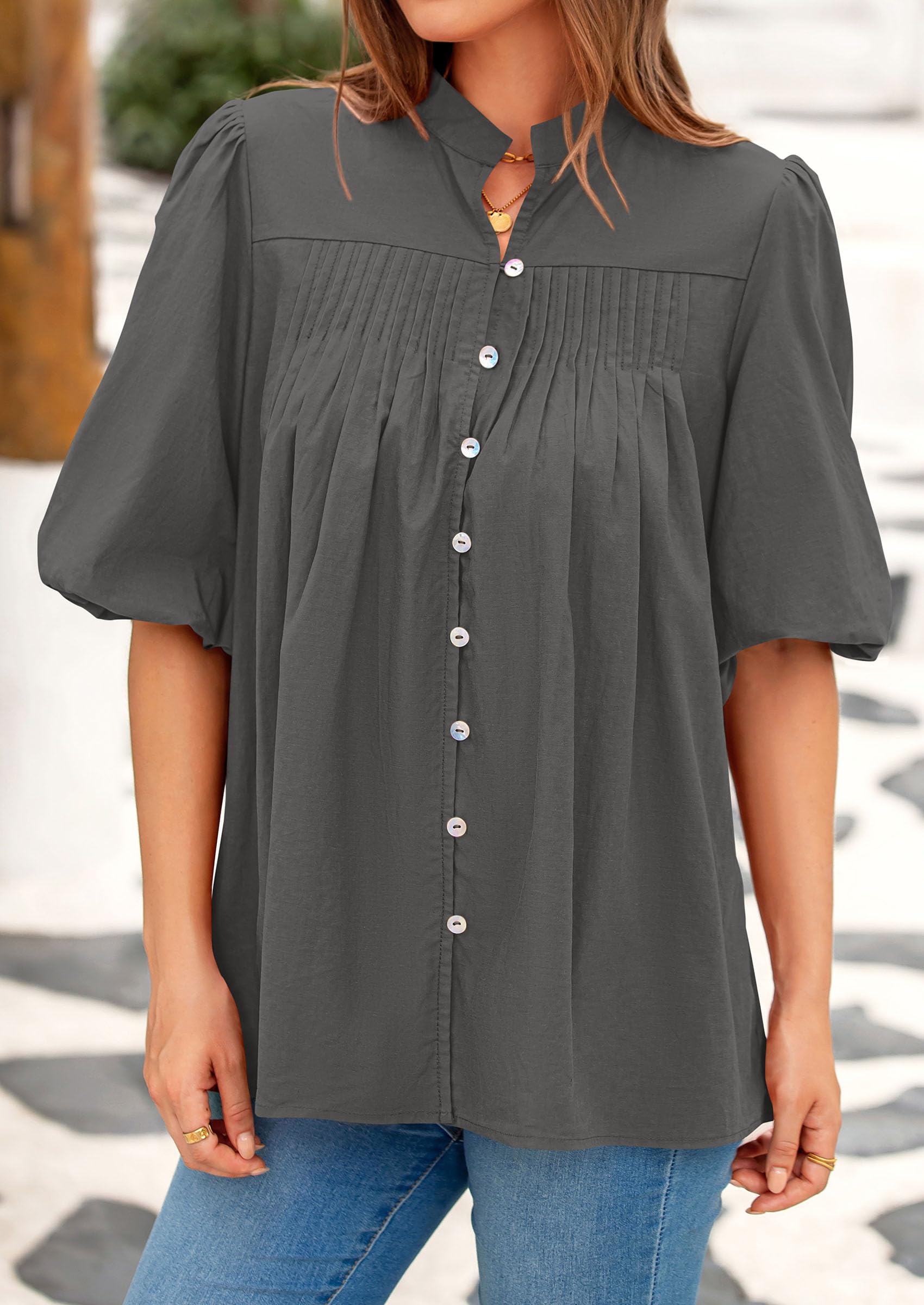 Short Sleeve Henley Shirts for Women,Grey,S