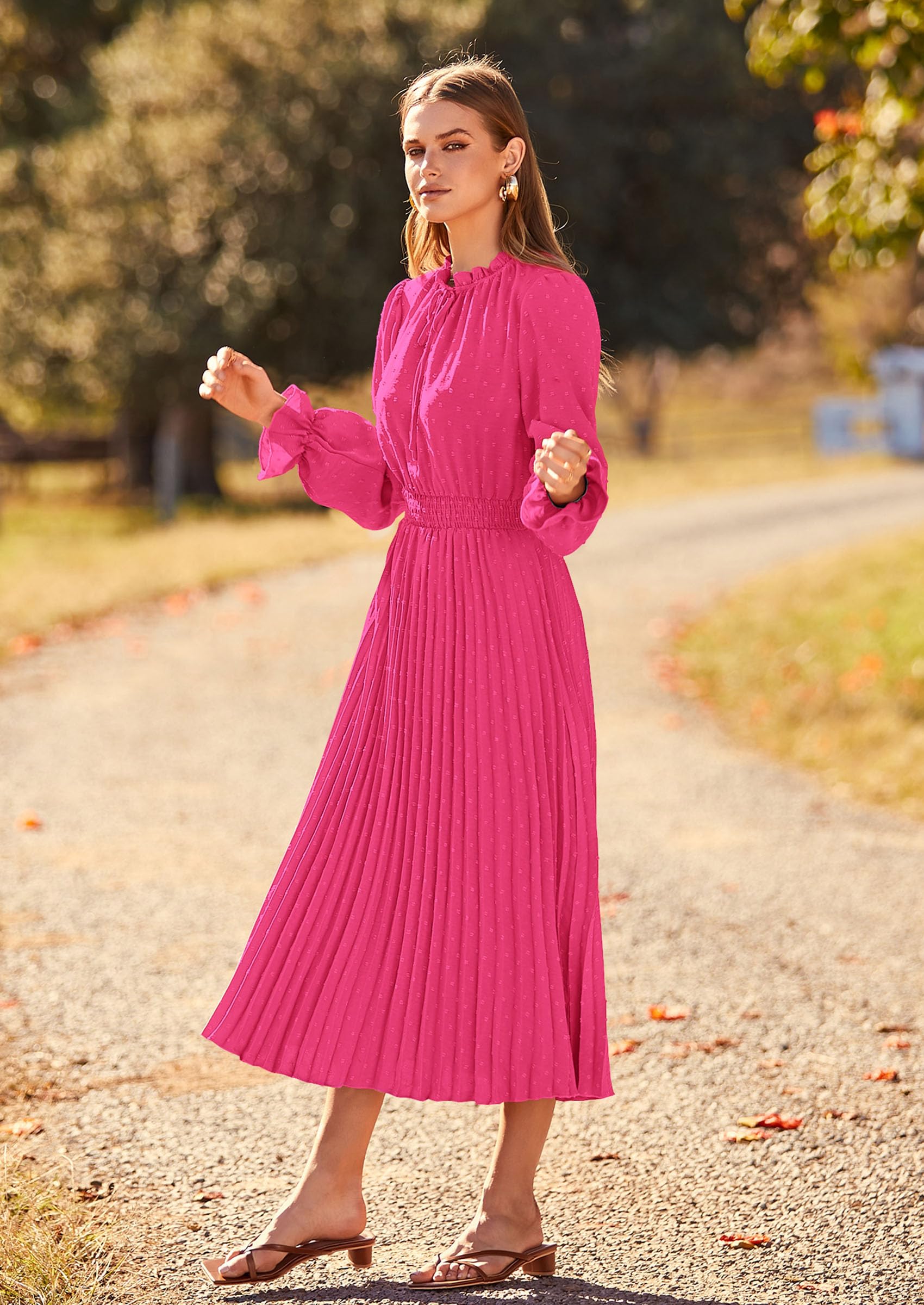 Women's Fall Midi Wedding Guest Dress(Rose Pink,XX-Large)
