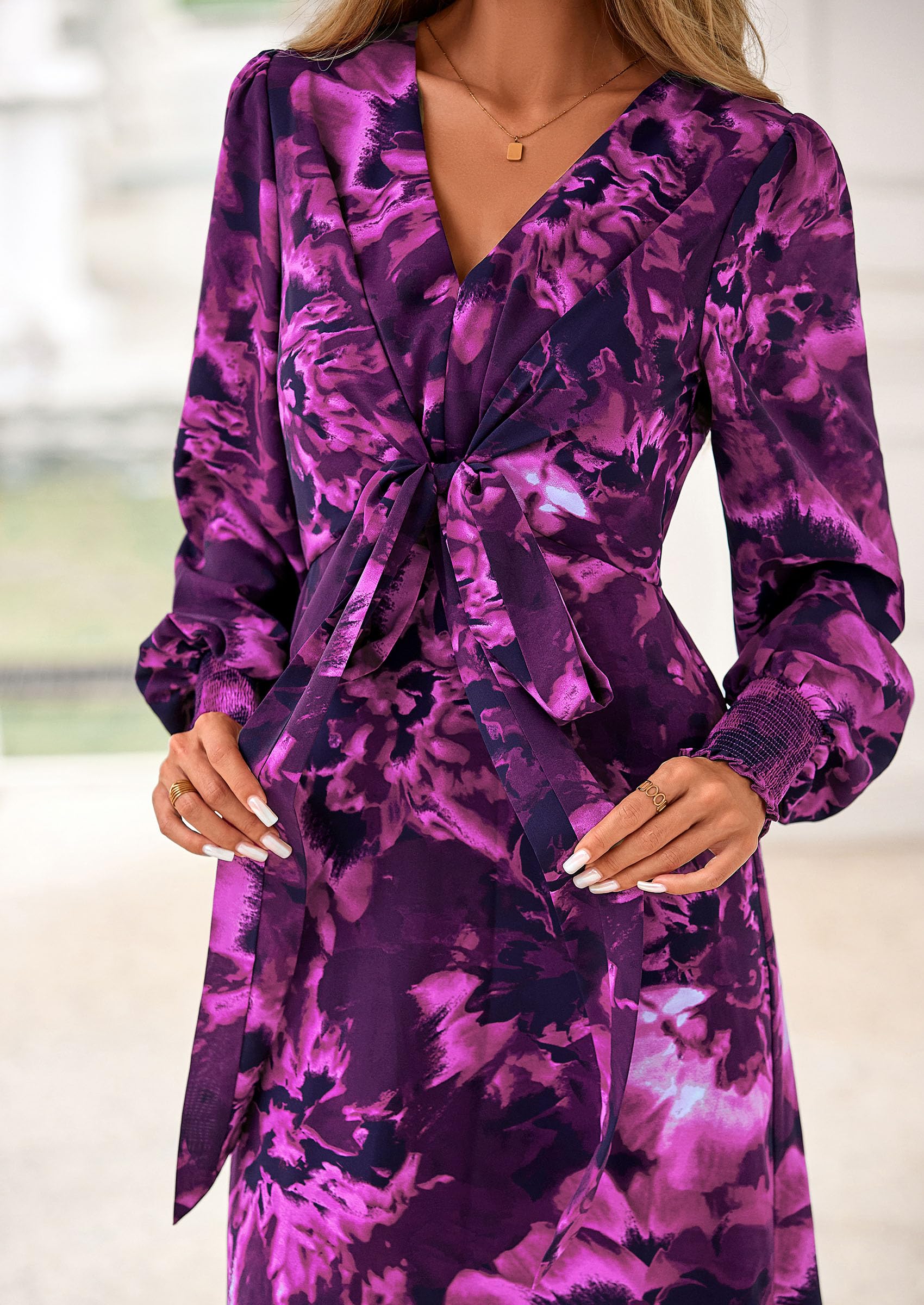 Women's Tie Waist Floral Maxi Dress,Floral Purple,S