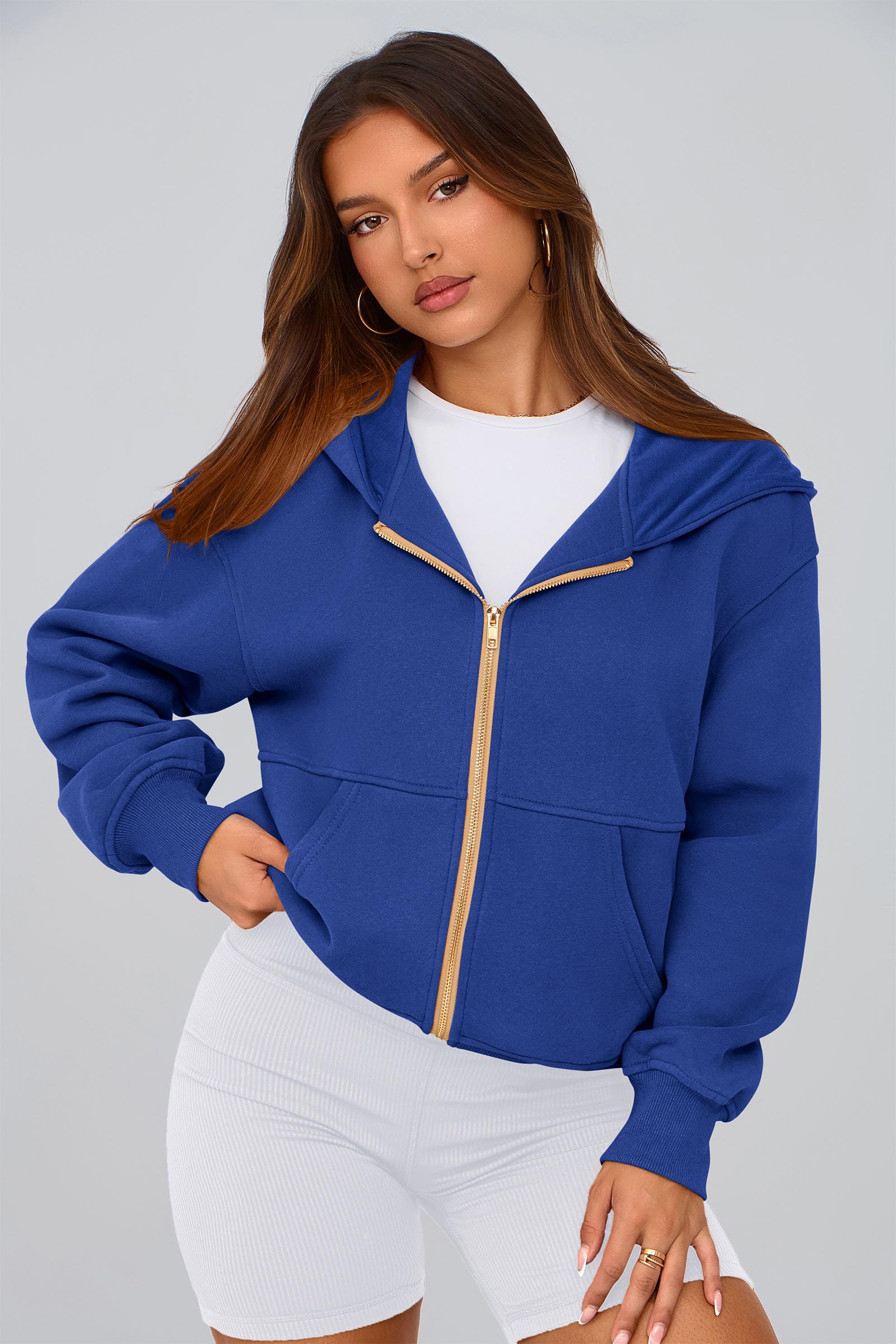 Hoodies for Women Fall Fashion Zip Up Fleece Plain Sweatshirt