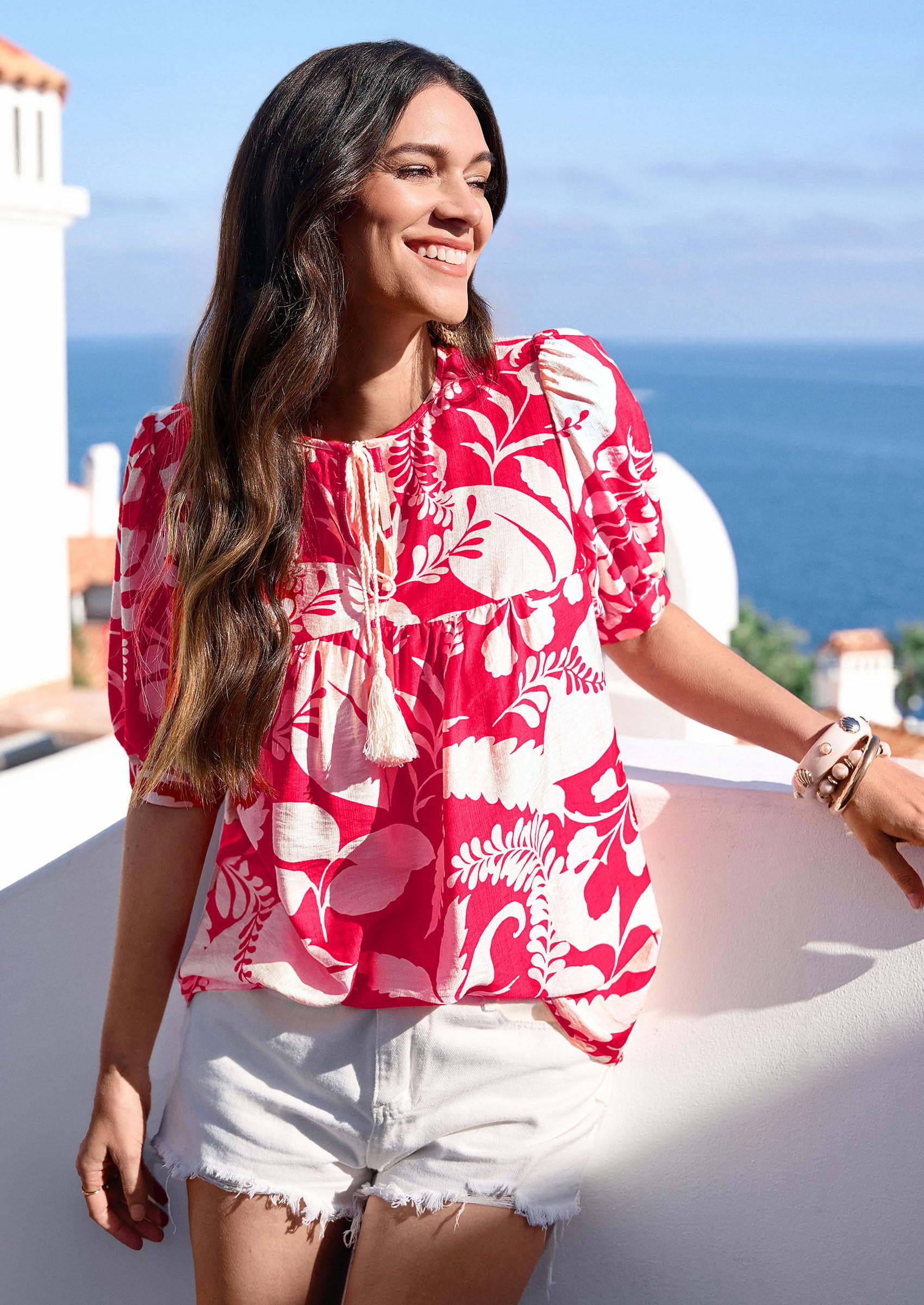 Womens Summer Boho Blouses Dressy Casual Red Flower,S