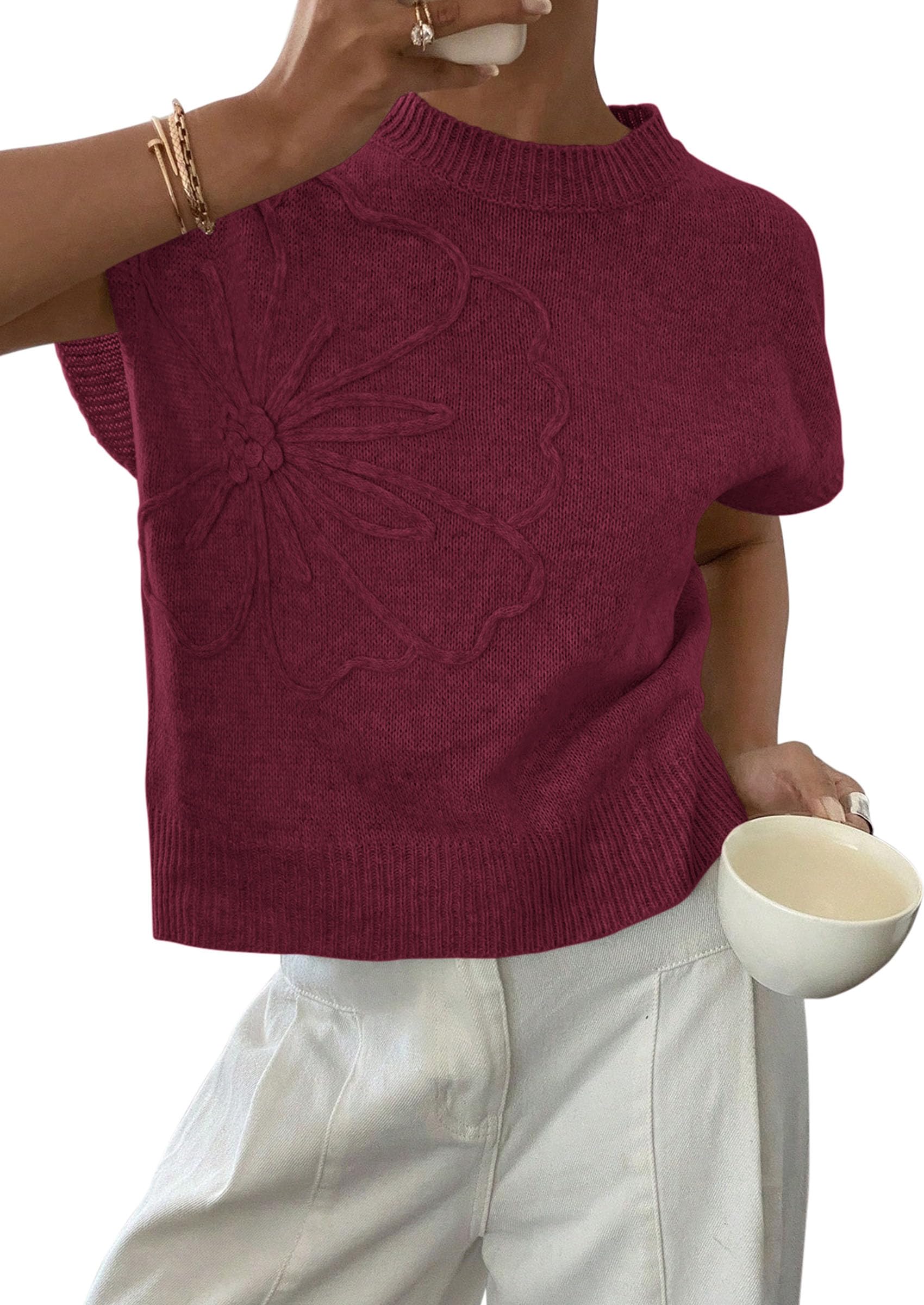 Women's Summer Short Cap Sleeve Sweater Vest (Burgundy,S)