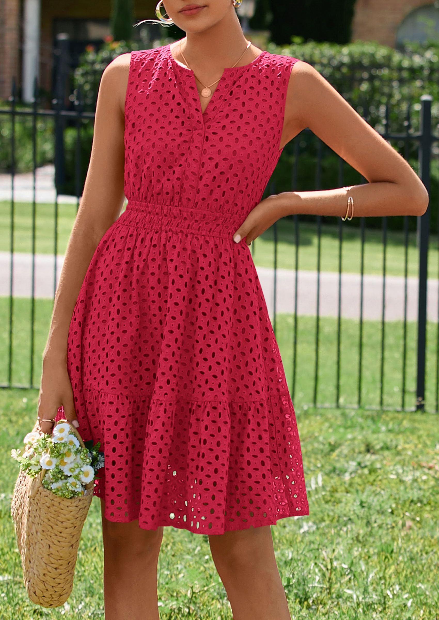 Women's Summer Eyelet A Line Short Dresses,Red,S