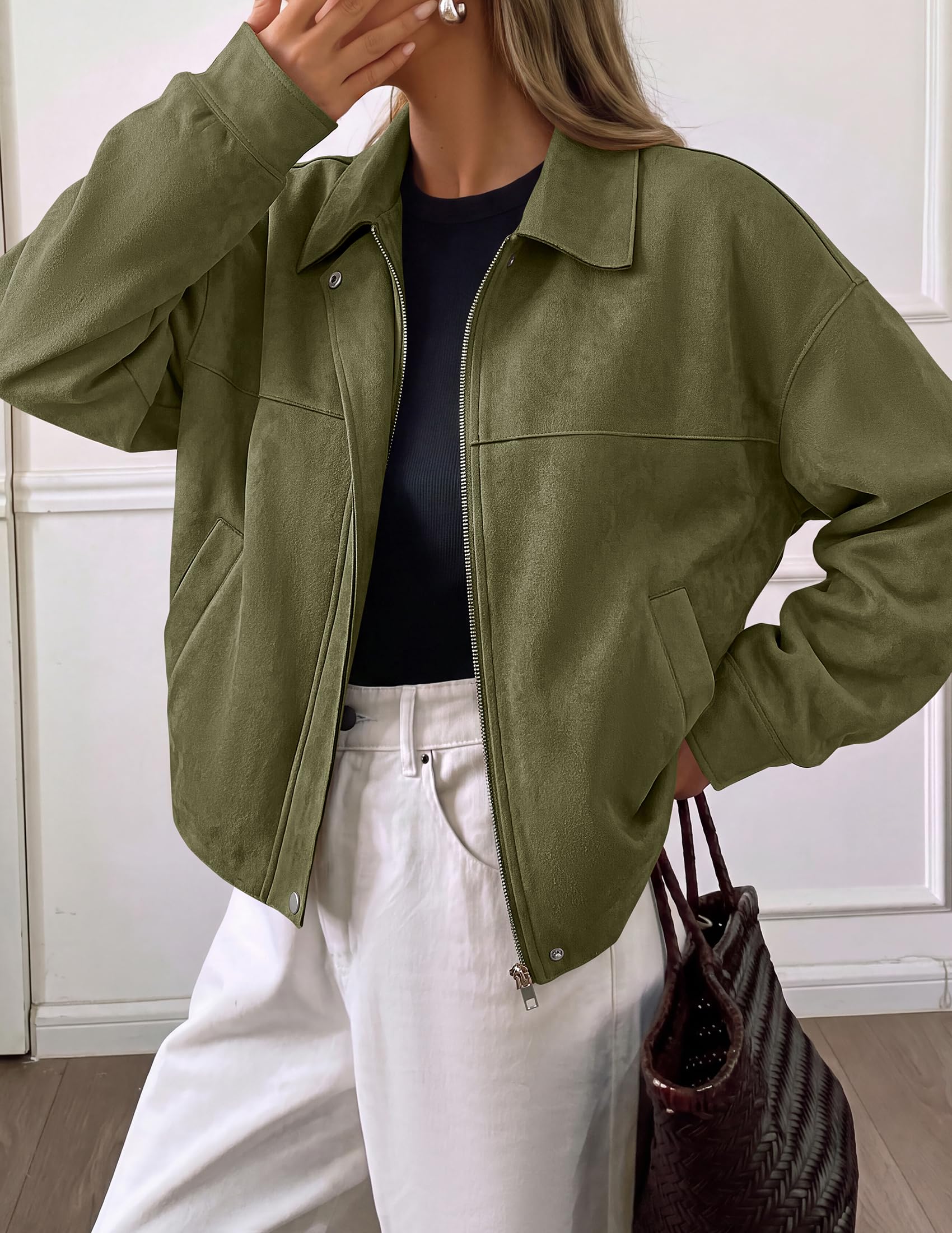 Women's Faux Suede Cropped Fall Jackets,Army Green,M