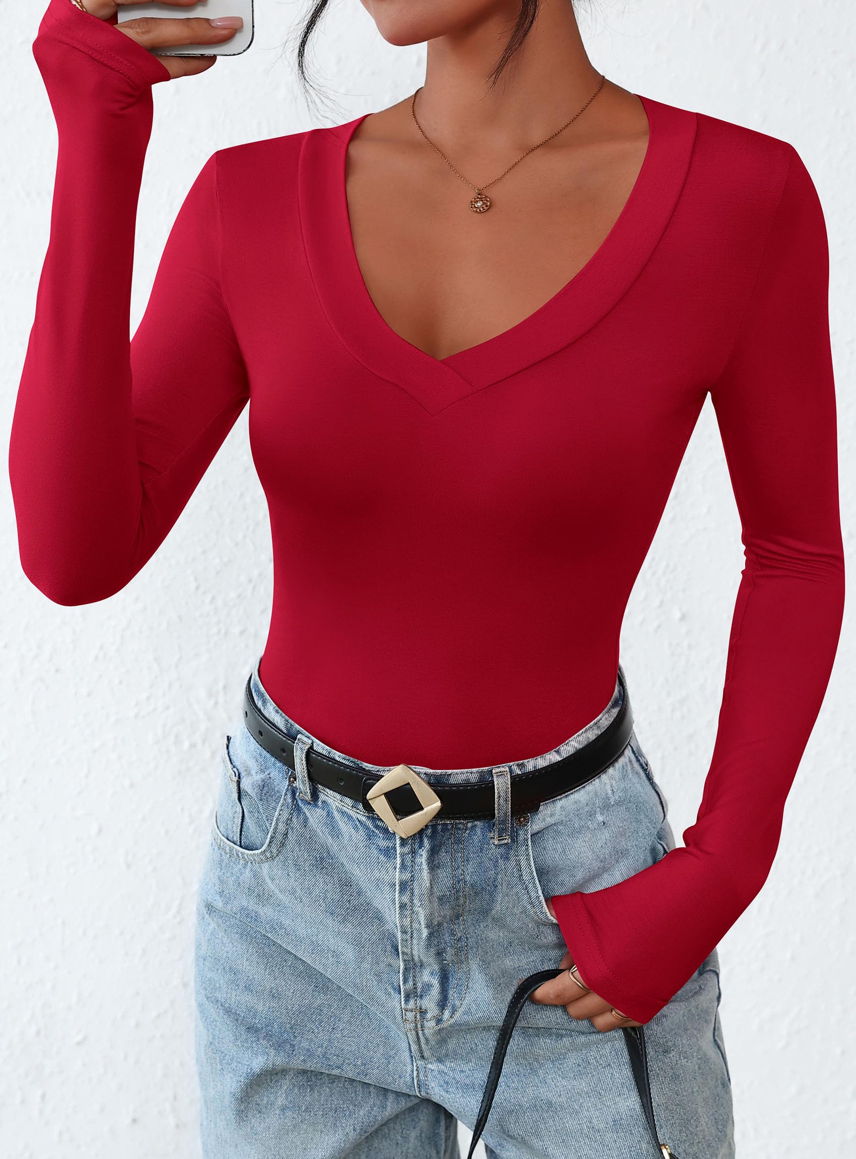 Women's V Neck Long Sleeve Shirts,Red,X-S