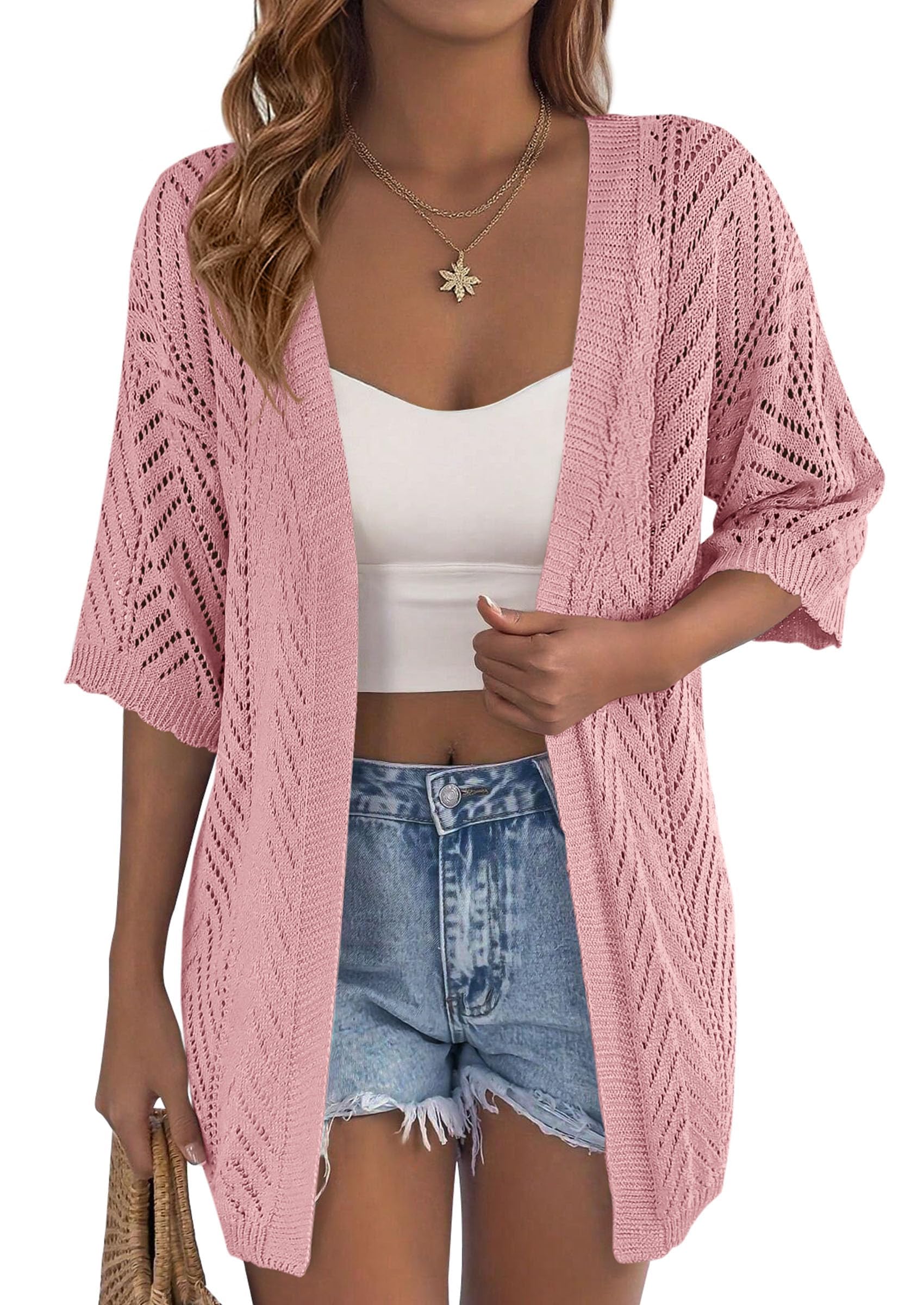 Women Lightweight Summer Short Sleeve Cardigan, Pink,S