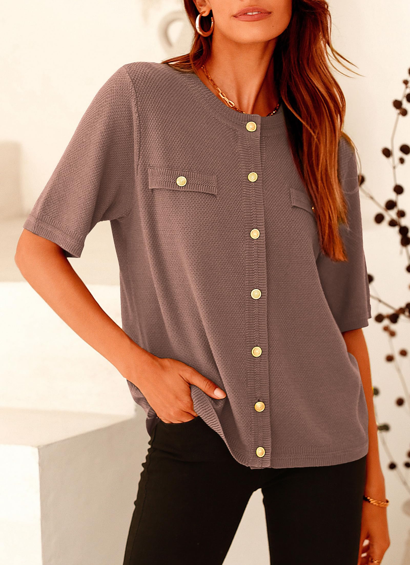 Women's Summer Casual Button Down Shirts Khaki,Medium