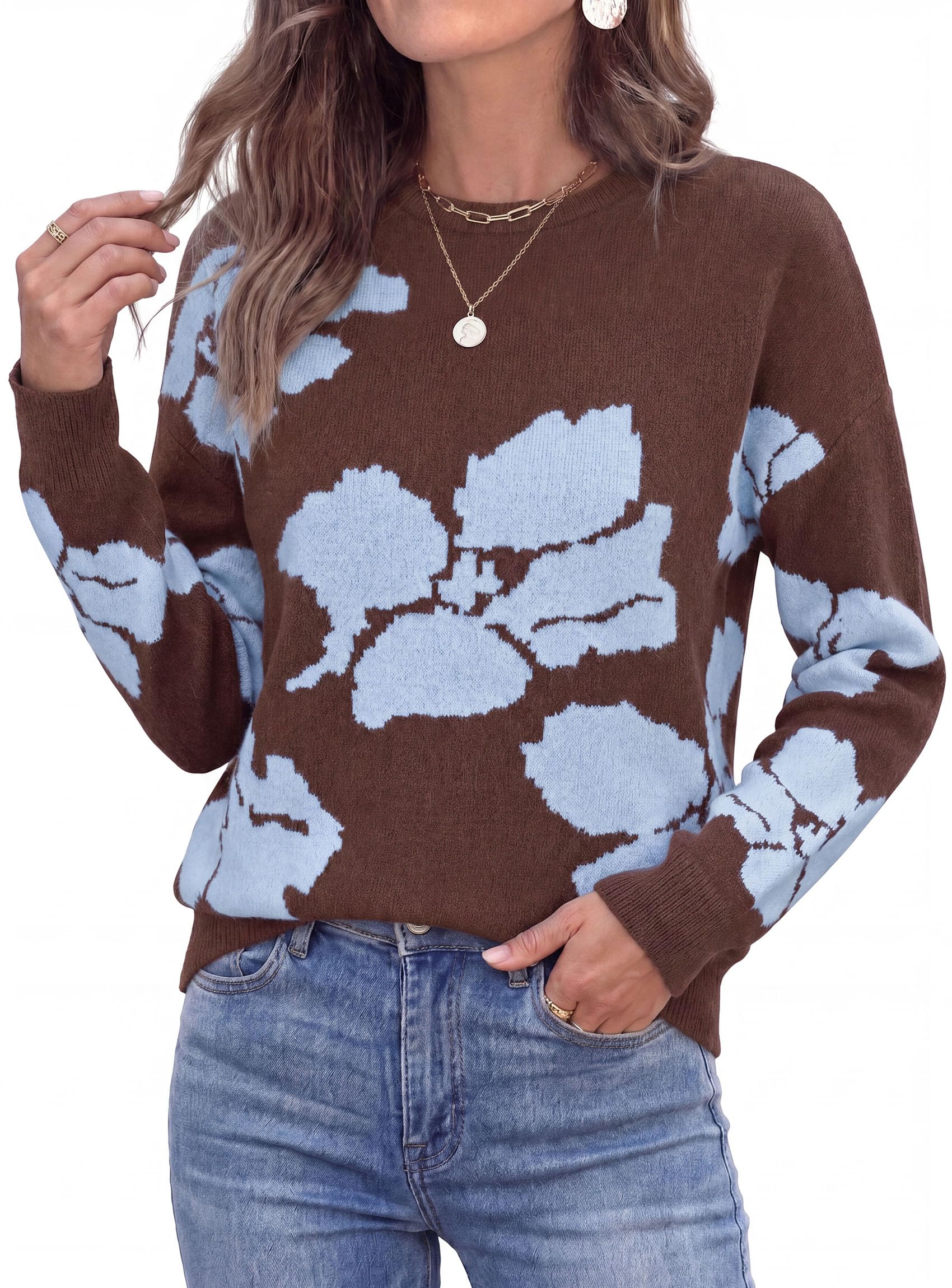 Womens Floral Sweater Crewneck Printed Pullover Tops Brown