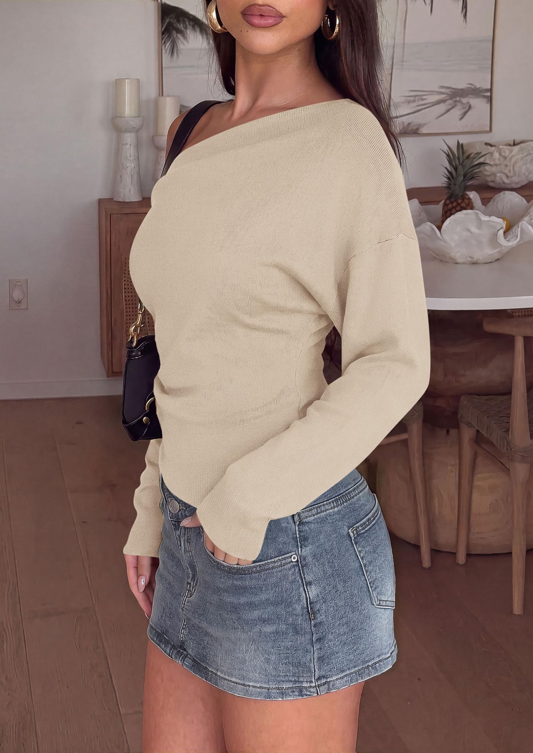 Womens Fall Long Sleeve Off Shoulder Sweater,Beige,S