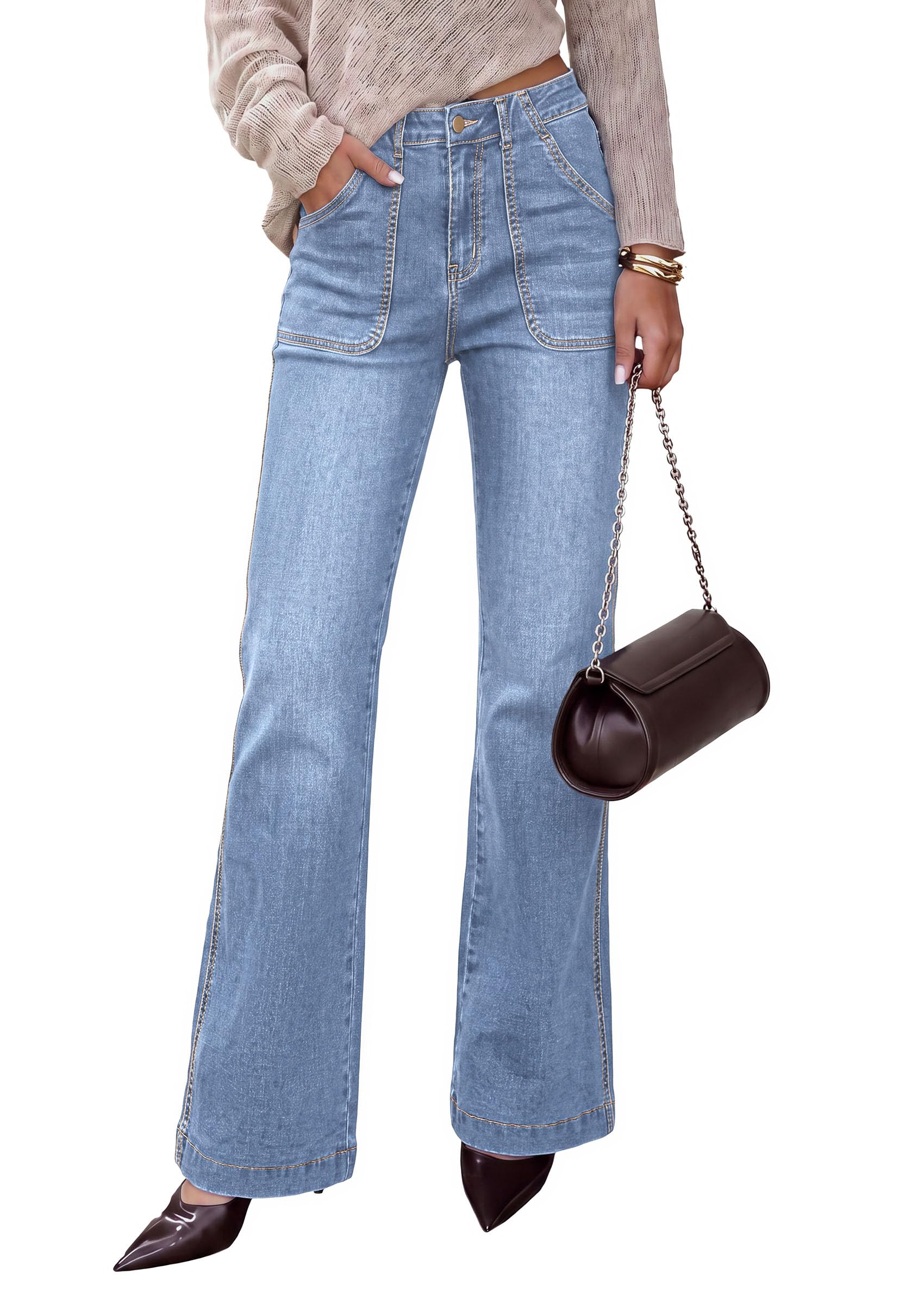 Womens High Waisted Wide Leg Jeans Demin Pants Light Blue