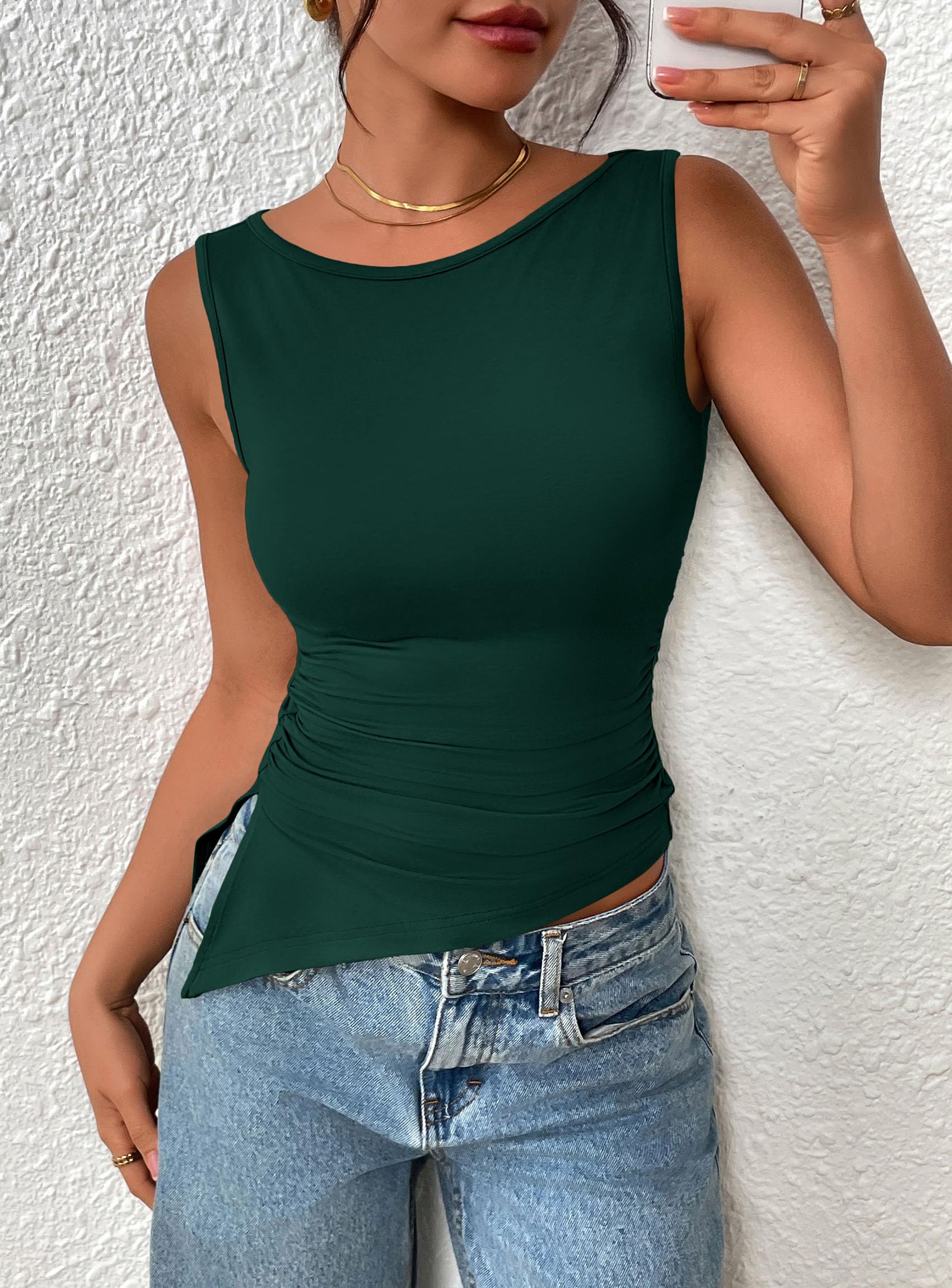 Women's Ruched Tank Tops Summer Y2K Shirts,Dark Green,S