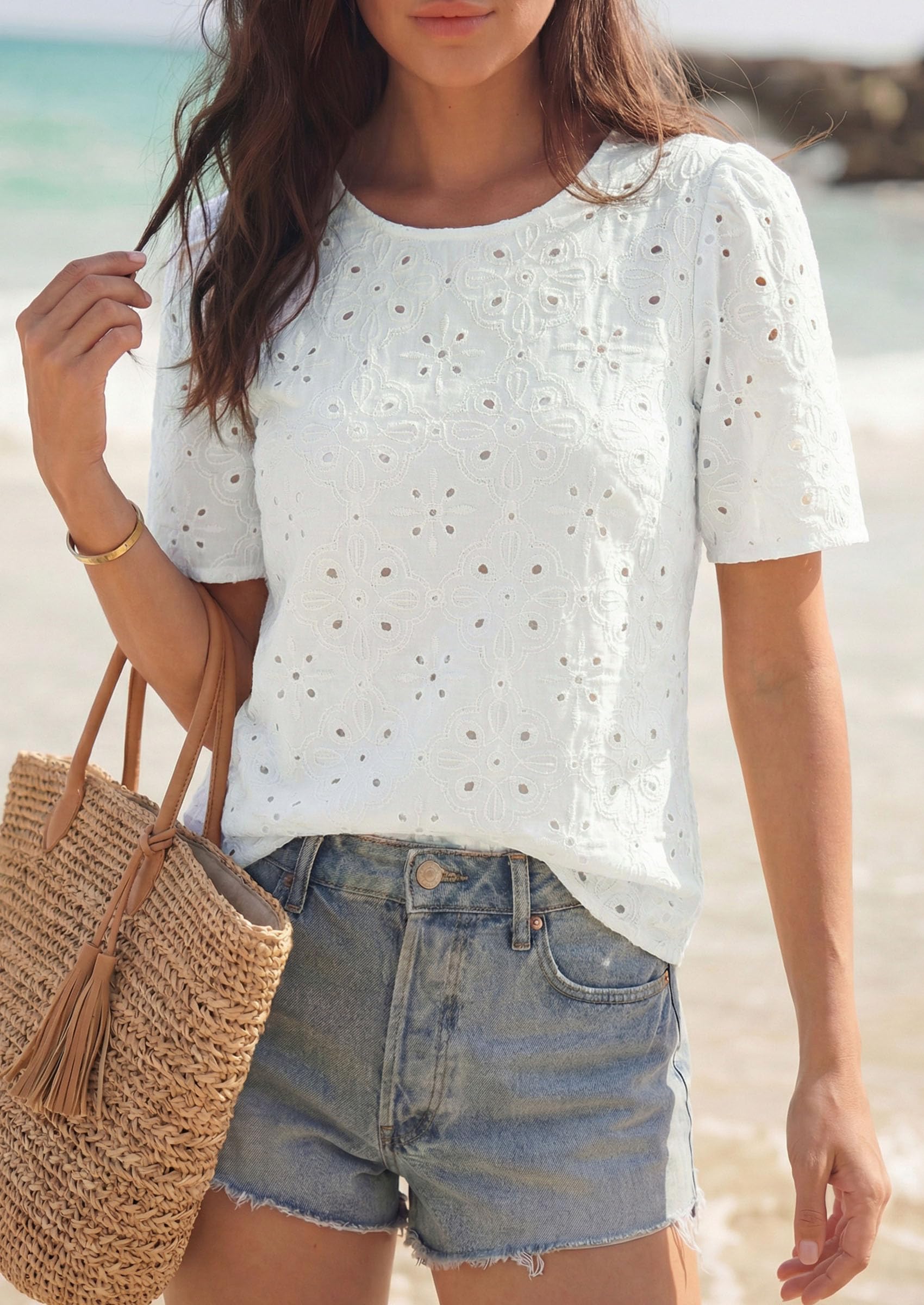 Women's Embroidered Eyelet Short Sleeve Blouse, White,XS