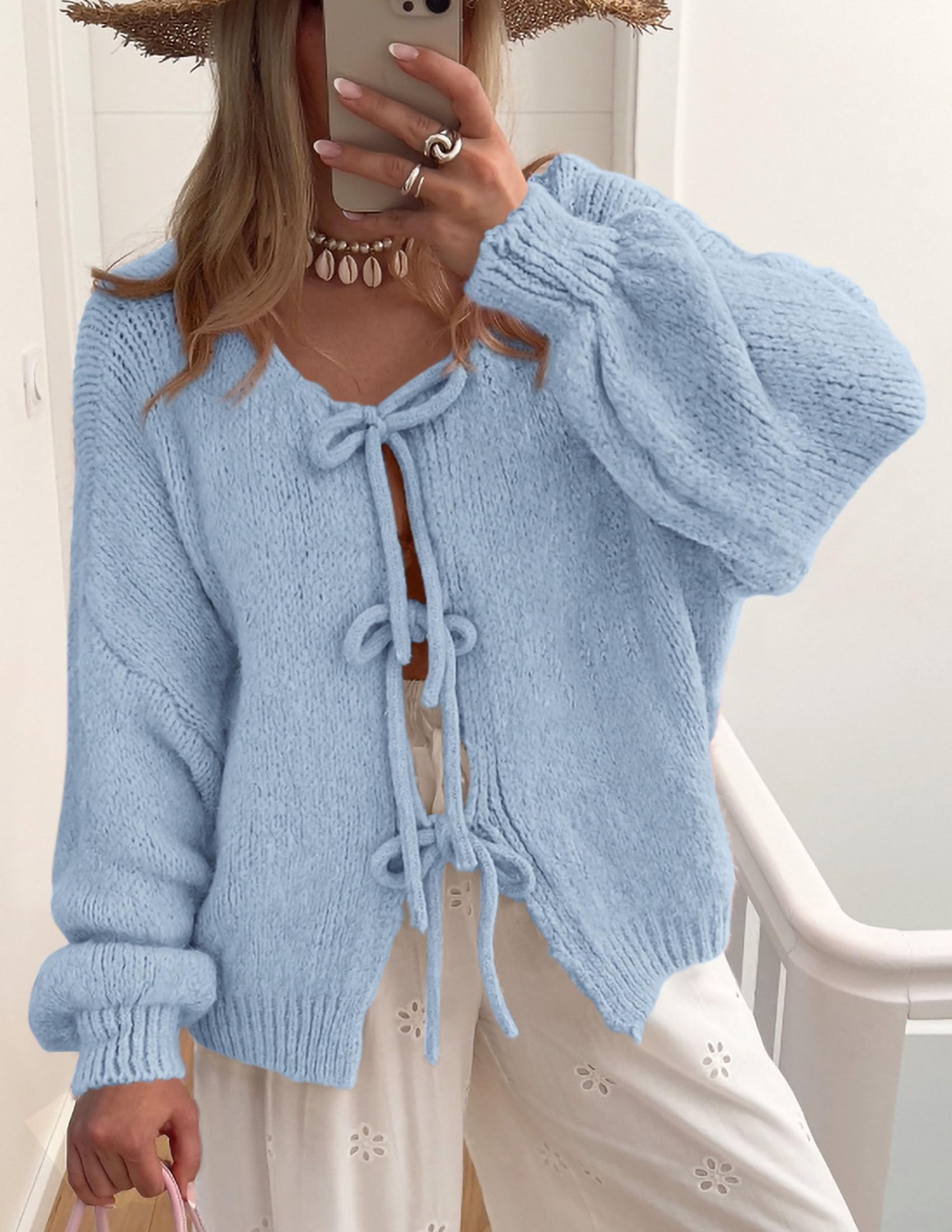 Women's Tie Front Bow Cardigan Sweaters(Sky Blue,Medium)