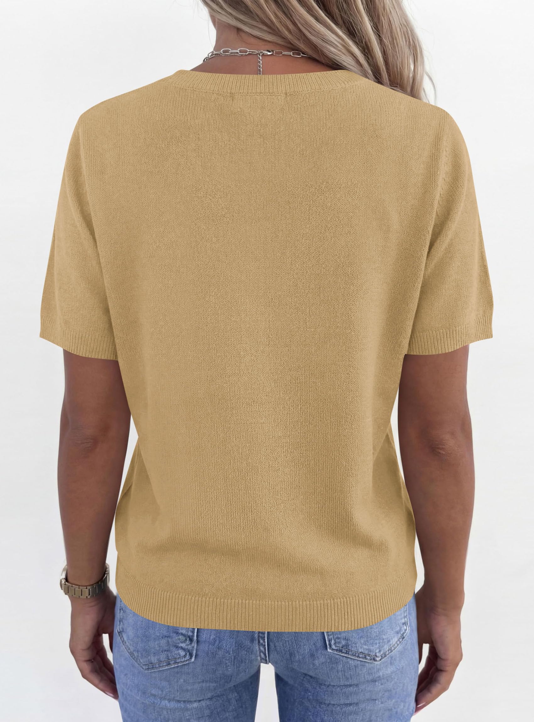 Womens Short Sleeve Sweater V Neck Tops,Light Khaki,S