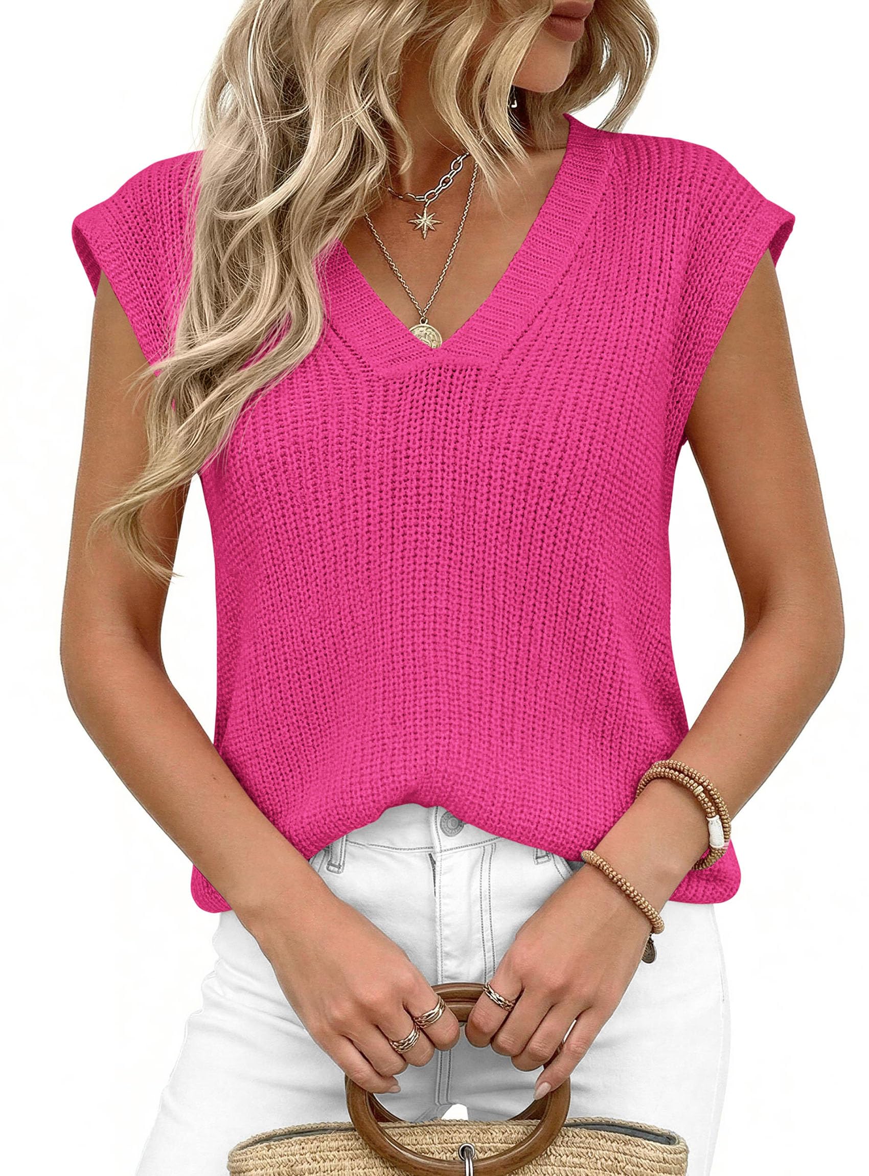 Women's Cap Sleeve Sweaters Vest Summer Tops (Rose Red,S)