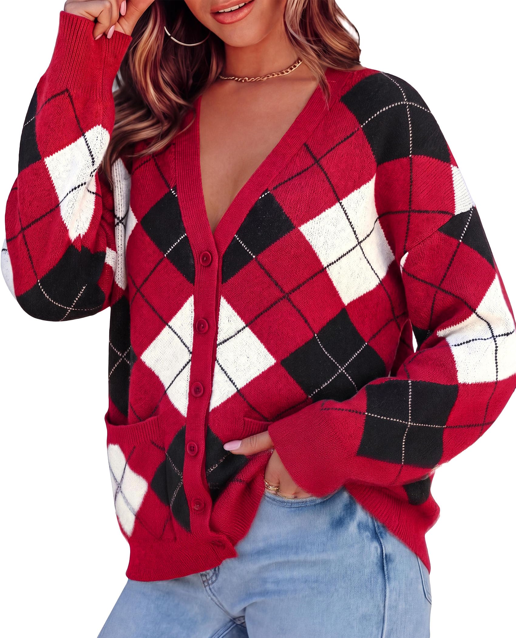 Women's Cardigan Argyle Winter Sweaters (Plaid Red,S)