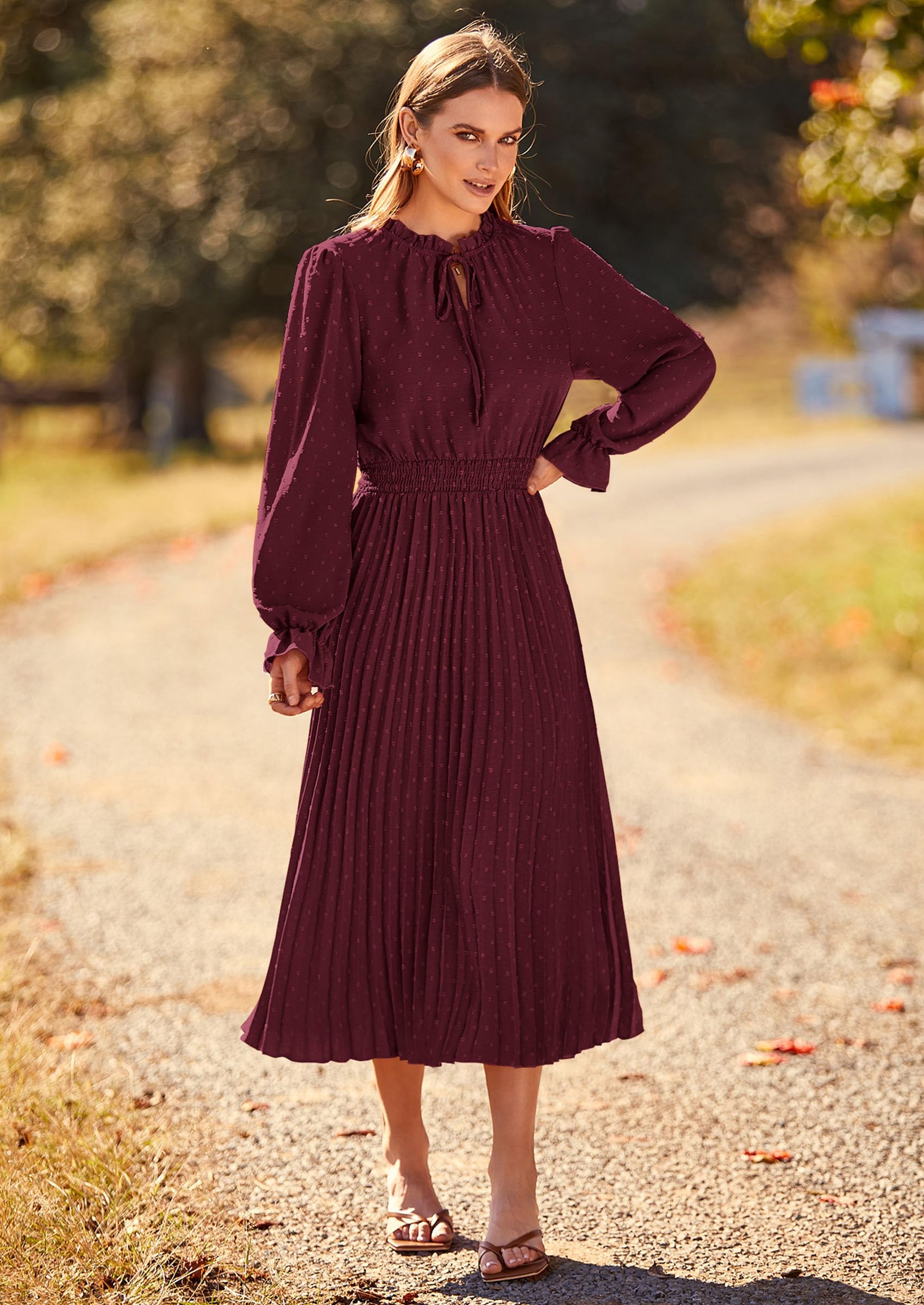 Women's Fall Midi Wedding Guest Dress(Dark Wine Red,Small)