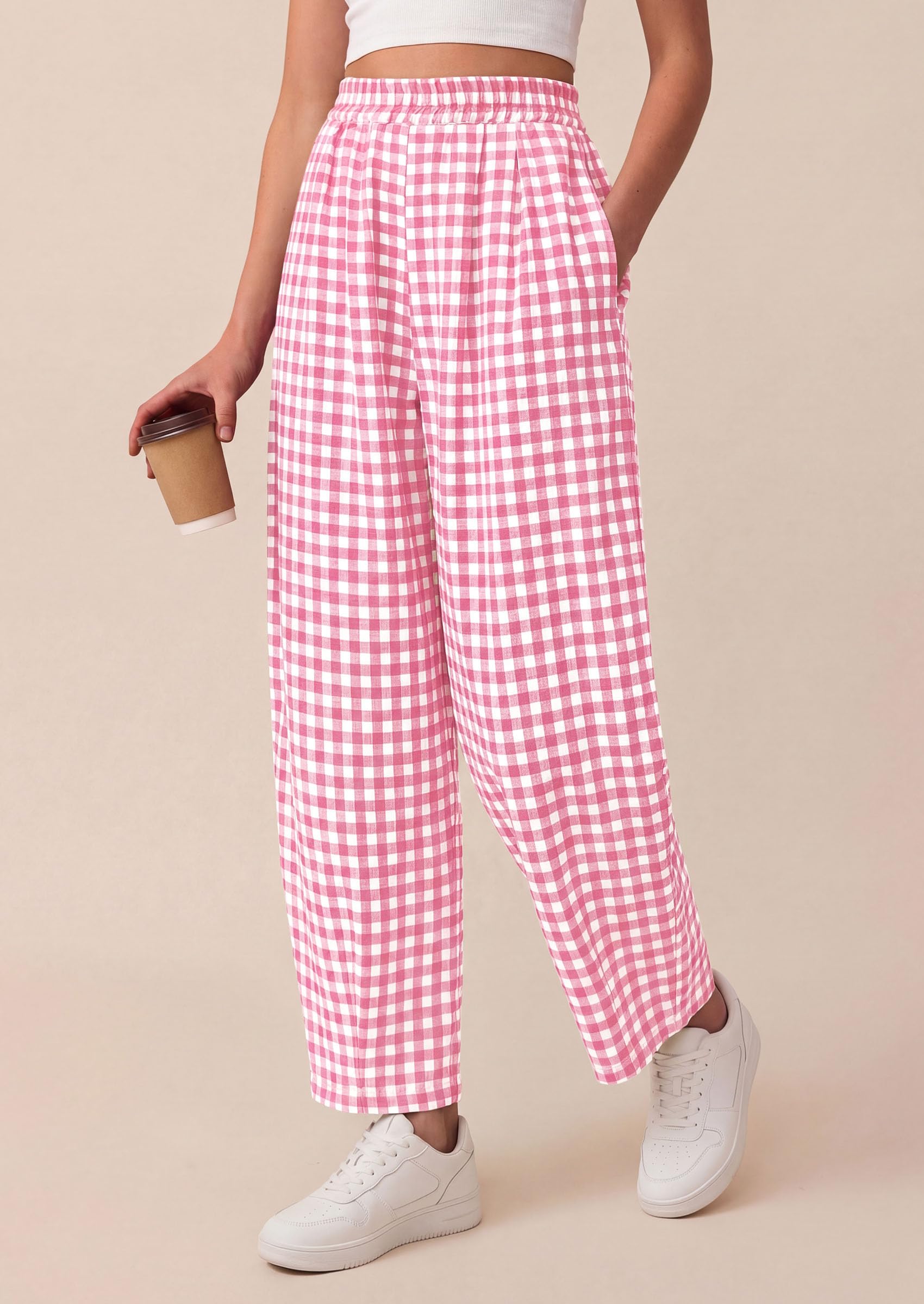 Plaid Barrel Pants Women Summer Bottoms, Pink Plaid,S