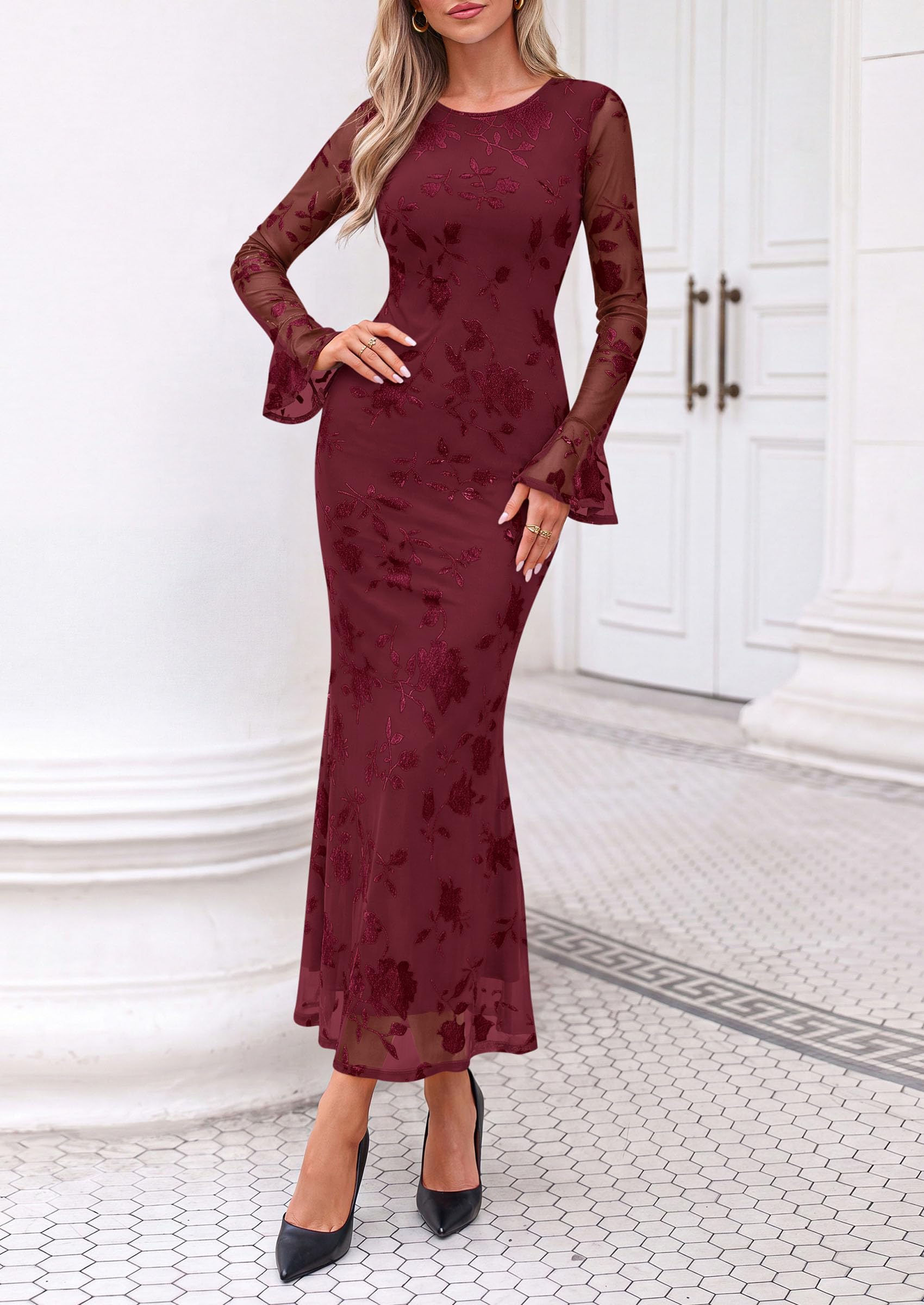 Women's Long Sleeve Maxi Floral Mesh Fall Wedding Guest Dress