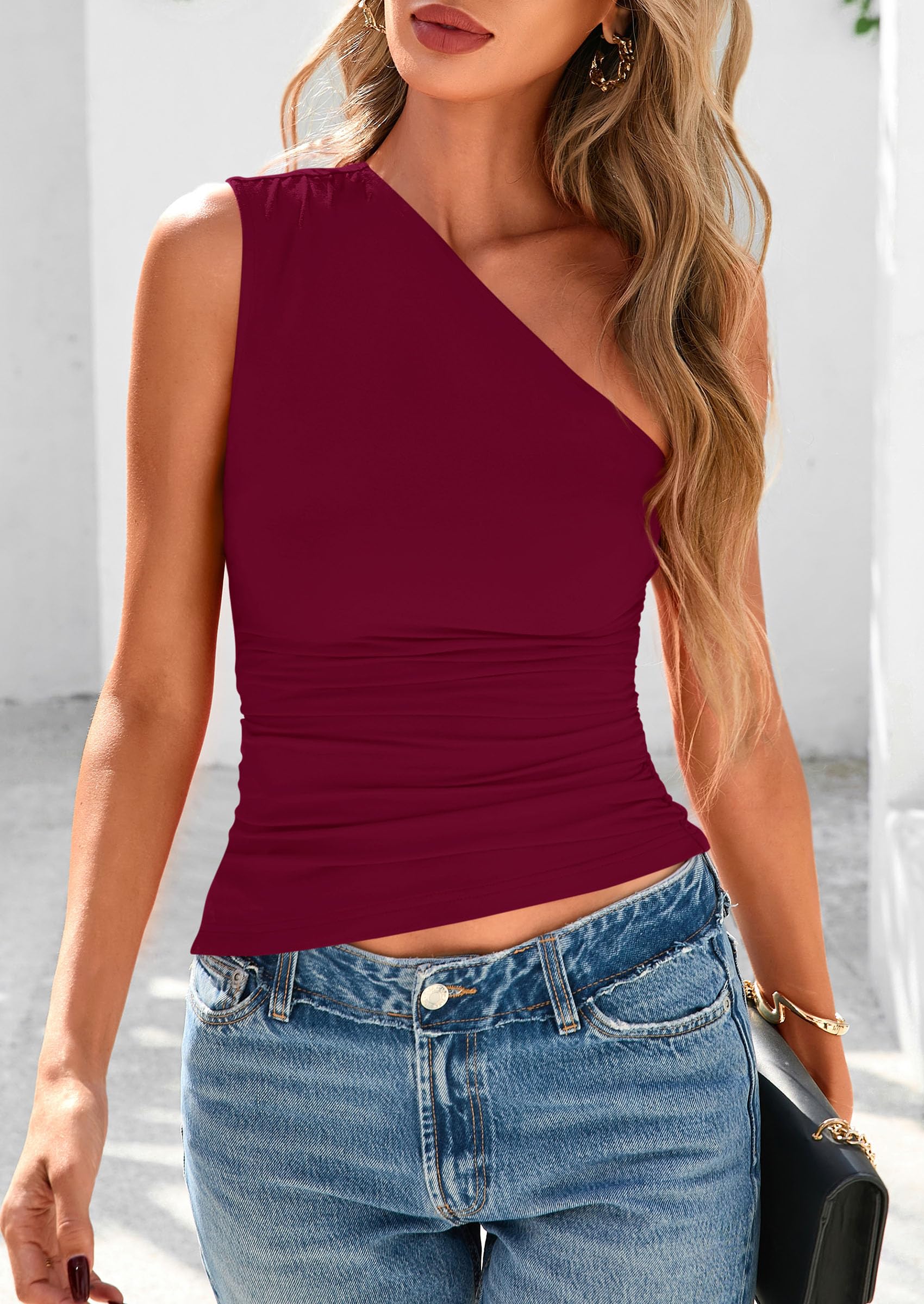 One Shoulder Summer Tops for Women,Wine Red,XS