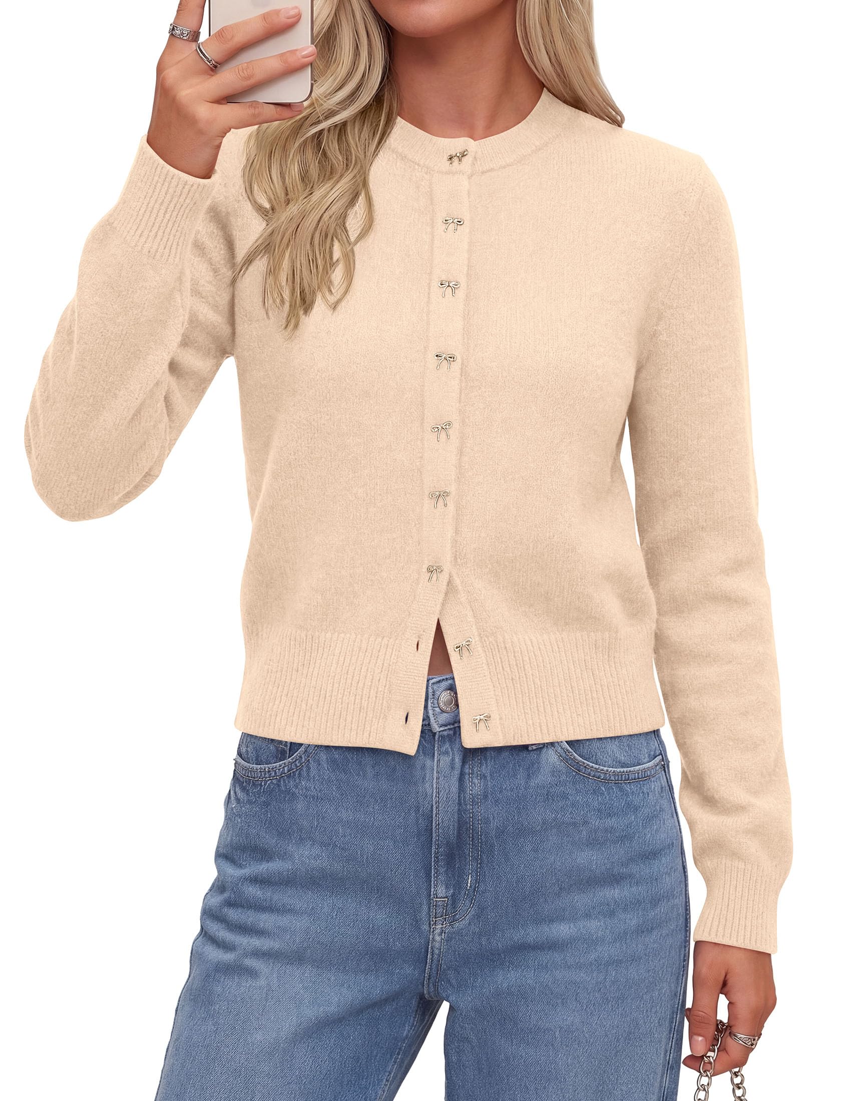 Cardigan Sweaters for Women Cropped Bow Button Up Cardigan