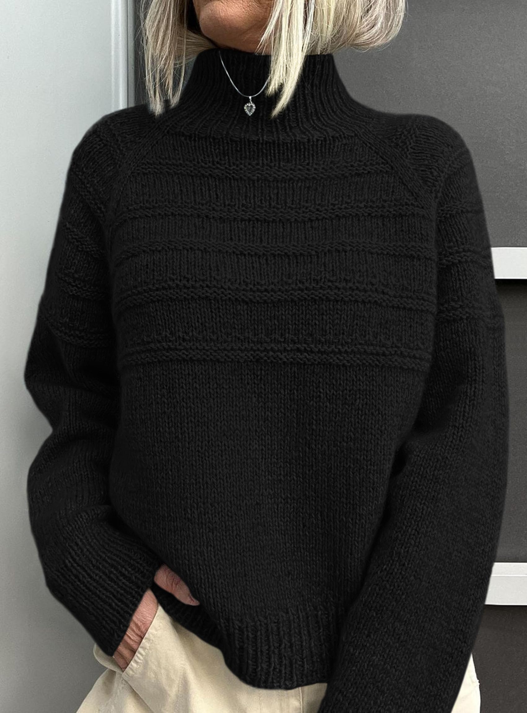 Women's Chunky Knit Mock Neck Pullover Sweaters,Black,S