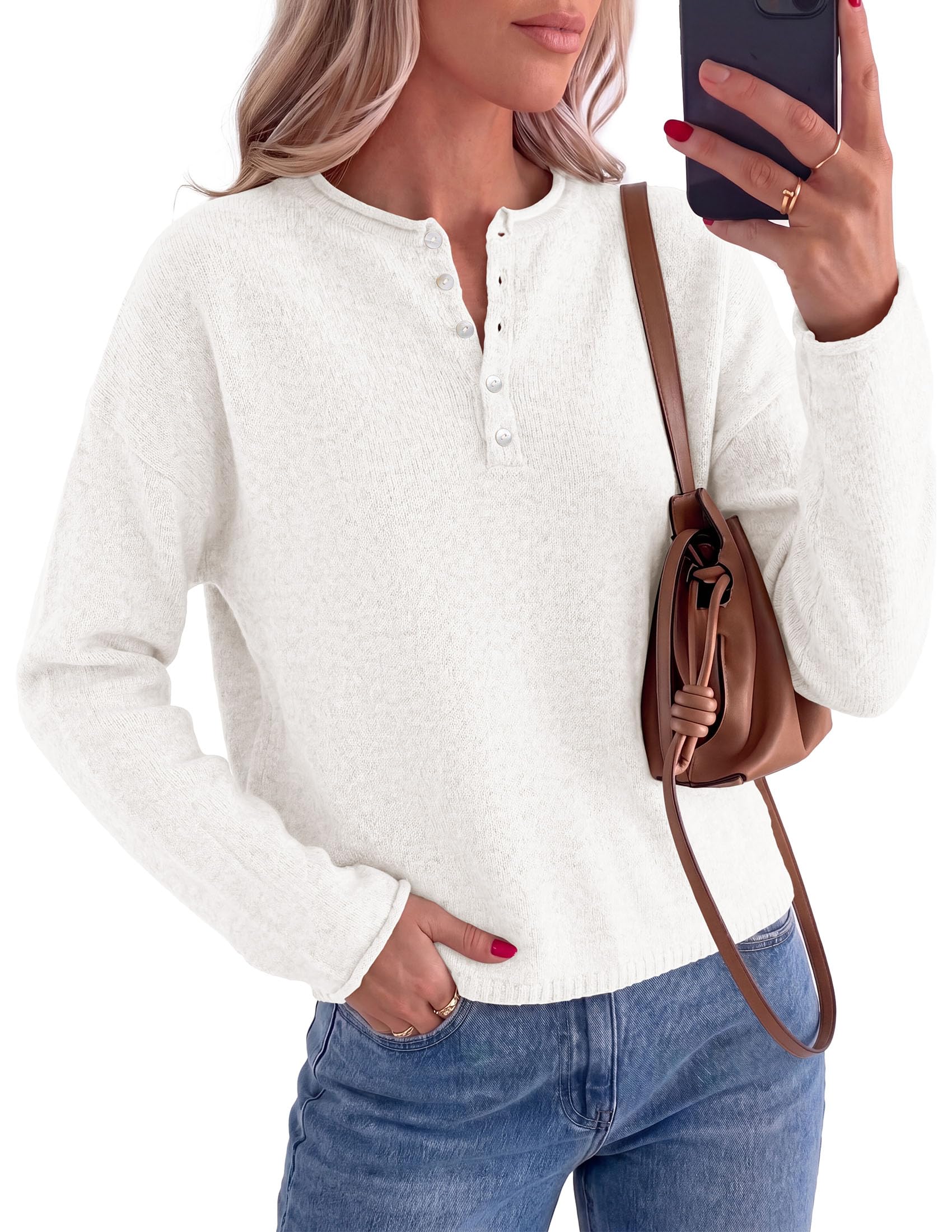 Women's Henley Cozy Sweaters Button Up Pullover White S