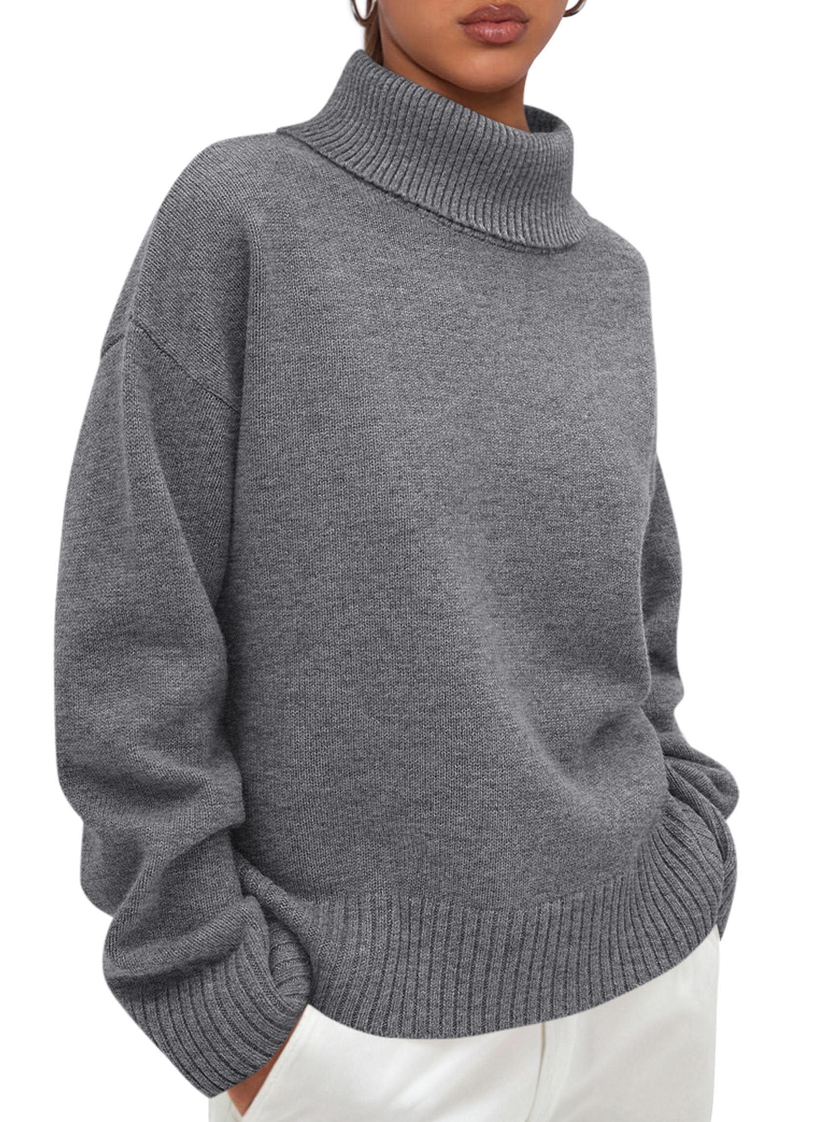 Womens Turtleneck Long Sleeve Knit Sweater,Grey,S
