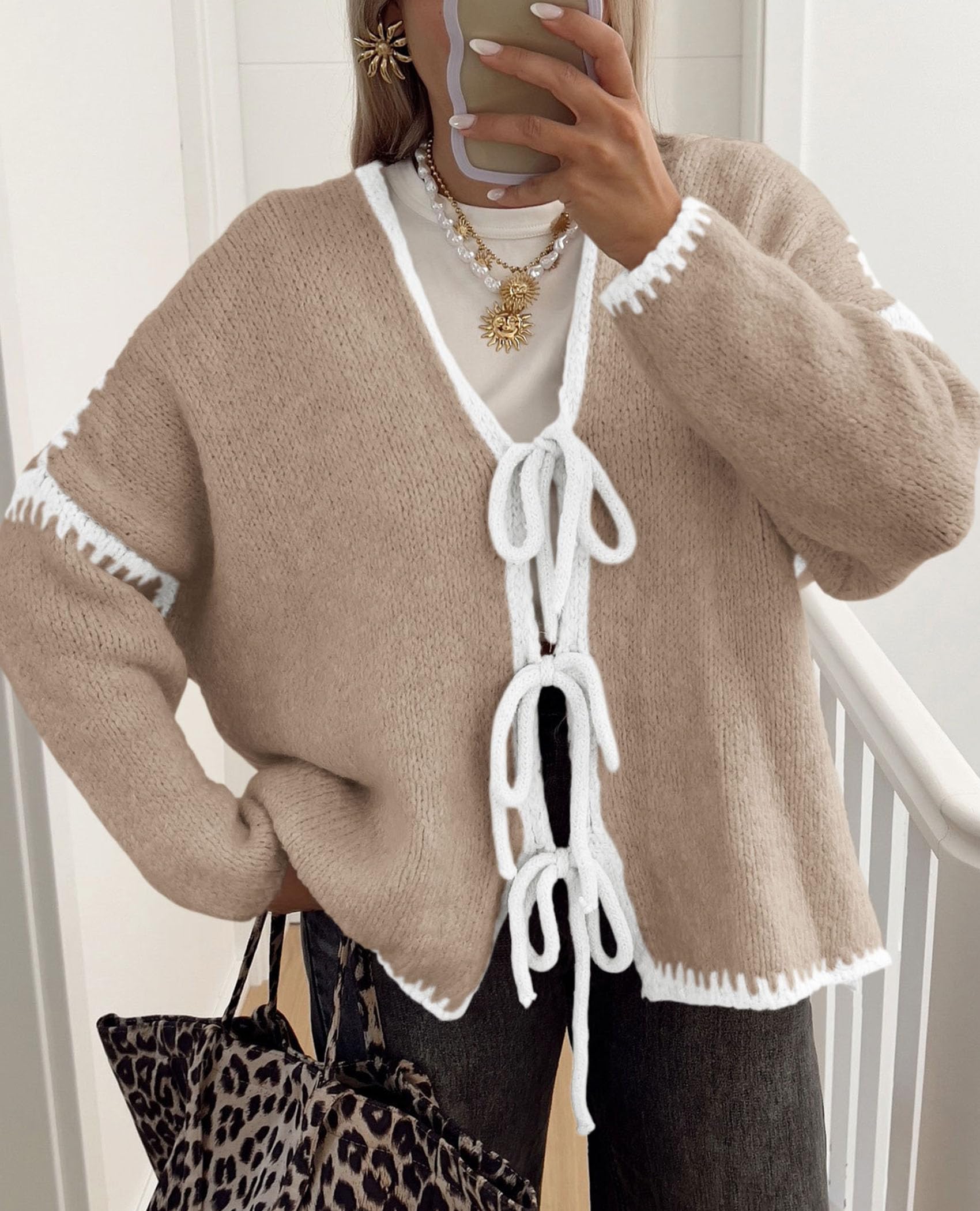Women's Tie Front Bow Cardigan Sweaters(Camel White,Small)