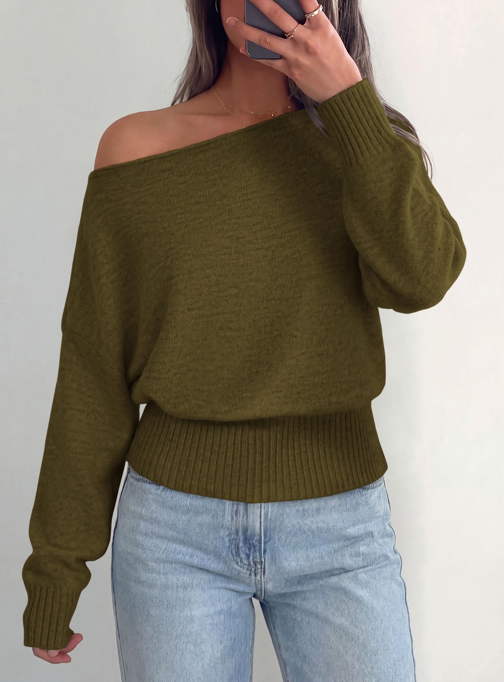 Womens Off The Shoulder Sweater Fall Fashion,Army Green,S