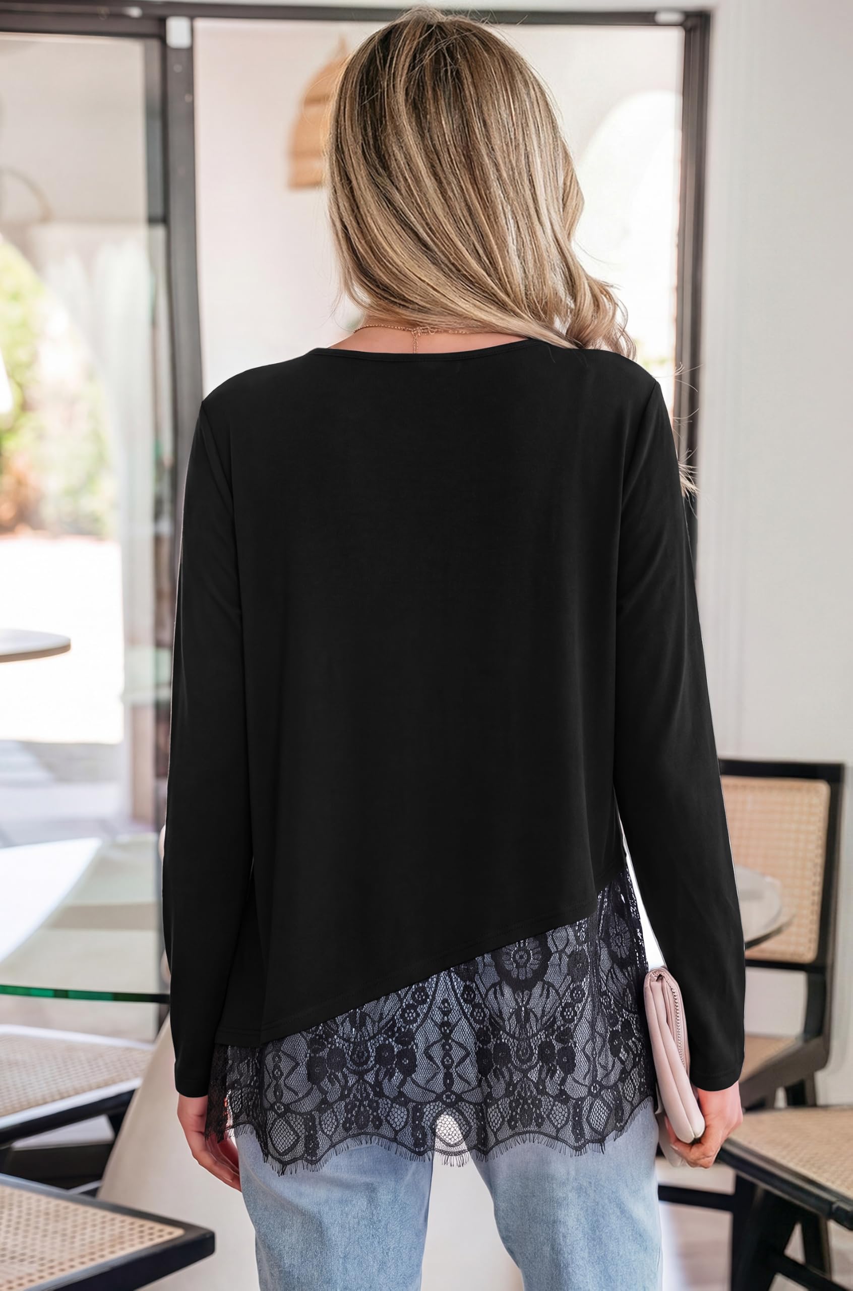 Women's Lace Patchwork Long Sleeve Shirts,Black,S