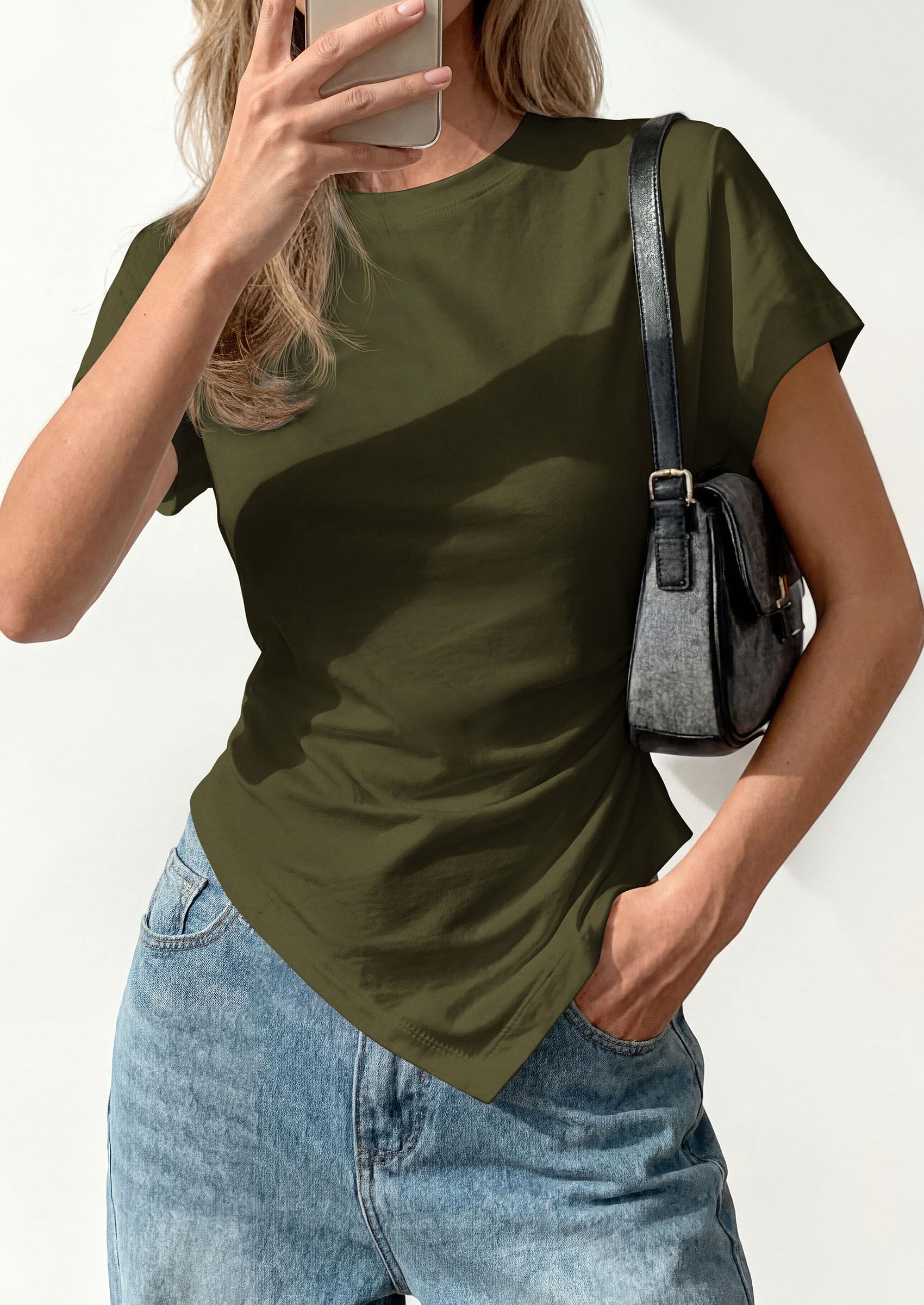 Womens Asymmetrical Summer Short Sleeve Tops,Army Green,XS