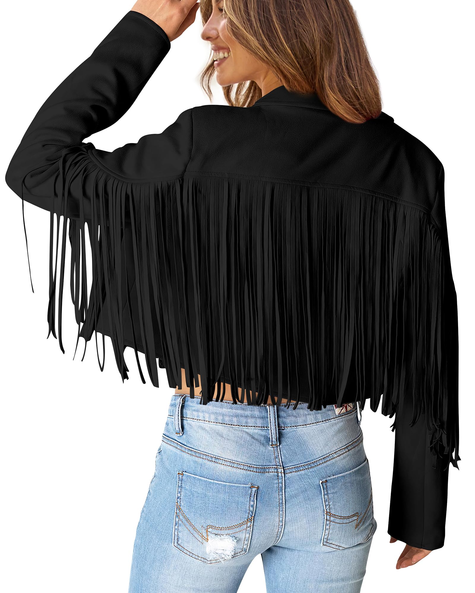 Women's Fringe Faux Suede Leather Jackets,Black,S