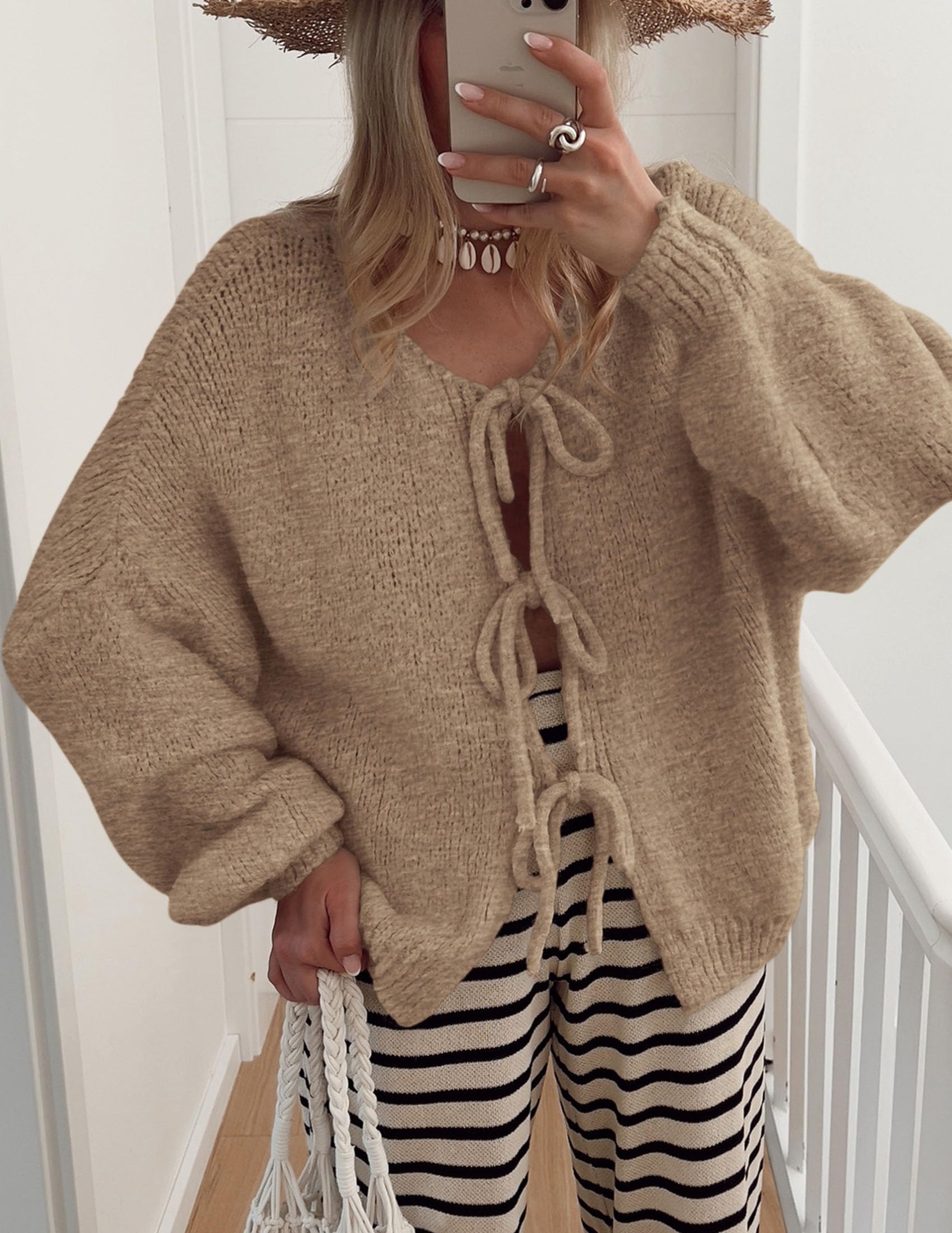 Women's Tie Front Bow Cardigan Sweaters(Light Khaki,Small)