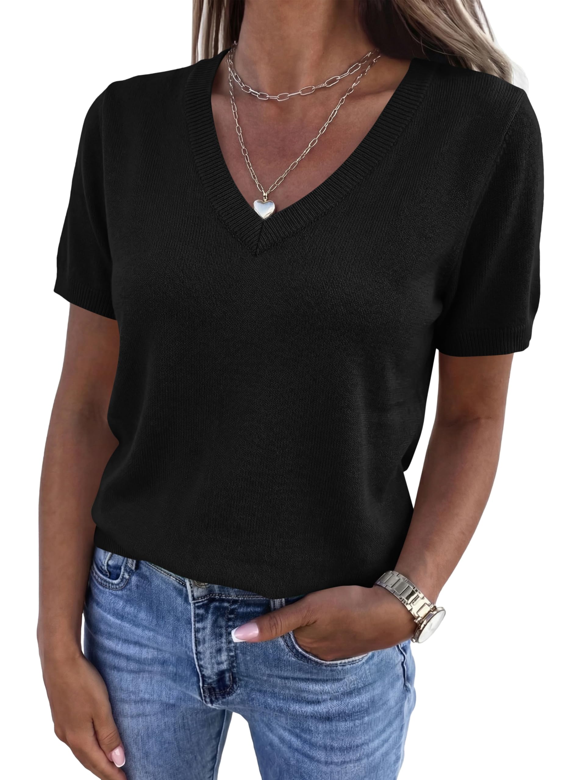 Womens Short Sleeve Sweater V Neck Tops,Black,S