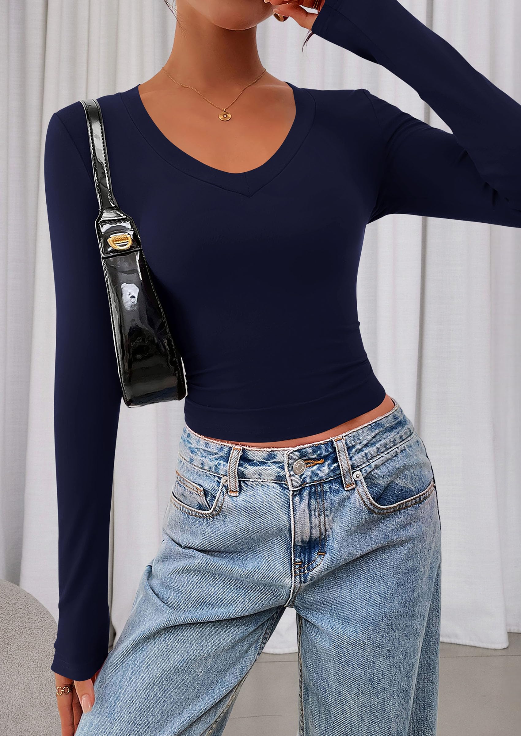 Womens Long Sleeve Slim Fit Crop Tops,Navy Blue,XS