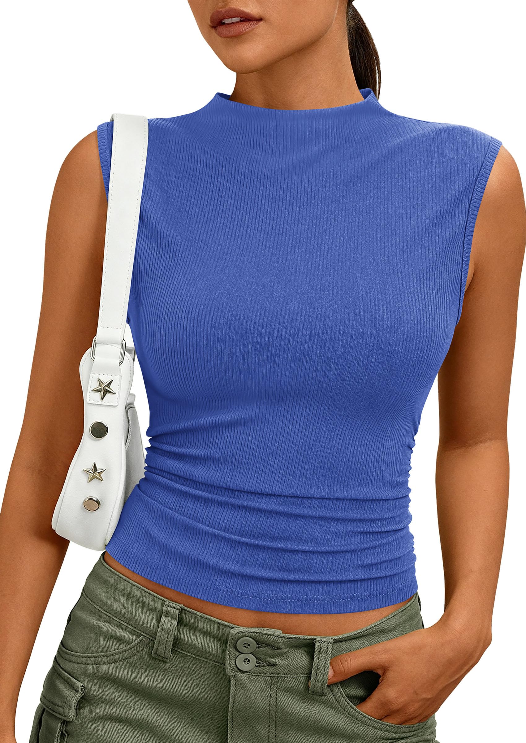 Women's Sleeveless Mock Neck Ribbed Tank Top,Blue,S