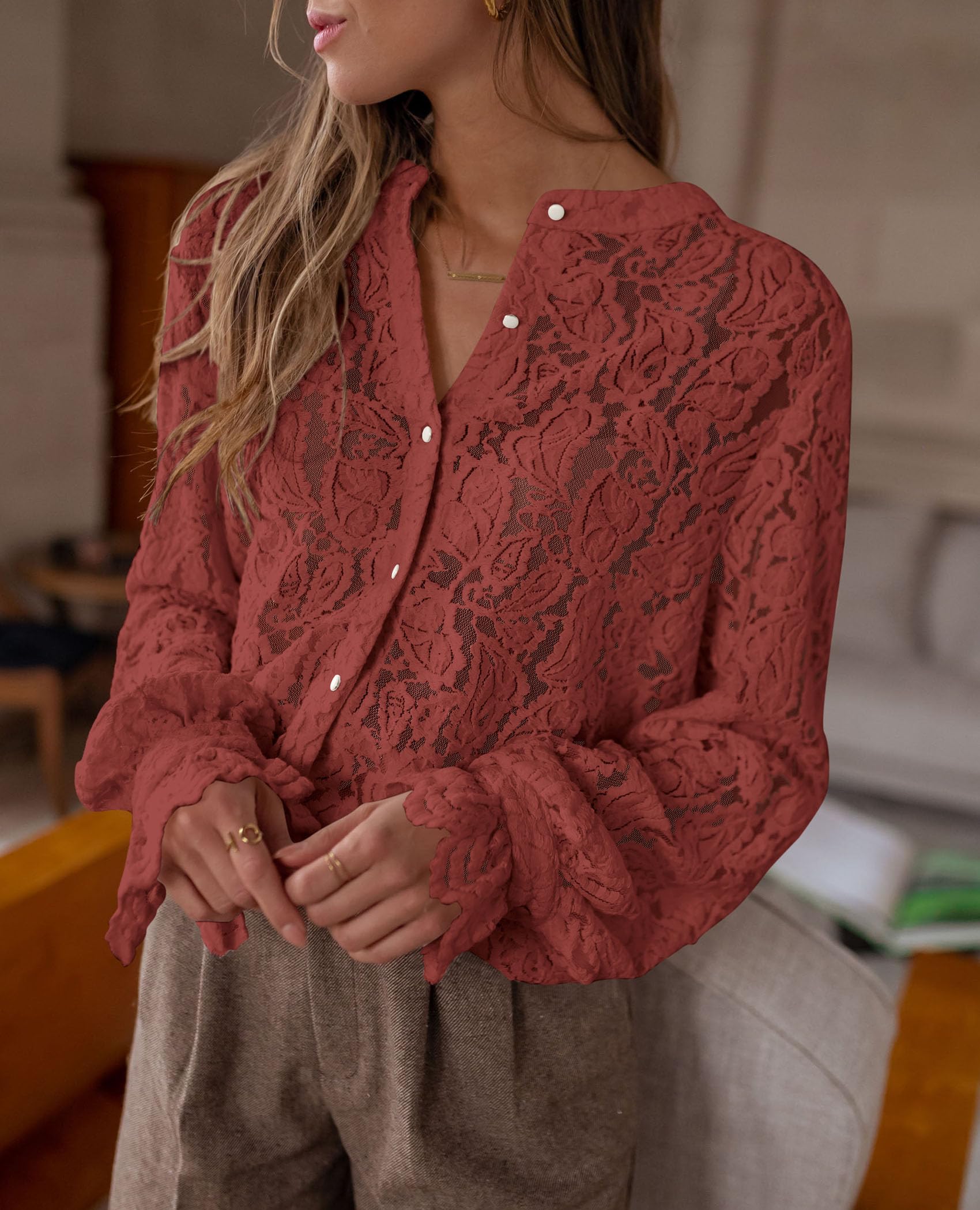 Women's Fall Trendy Long Sleeve Lace Tops(Brown Red,Small)