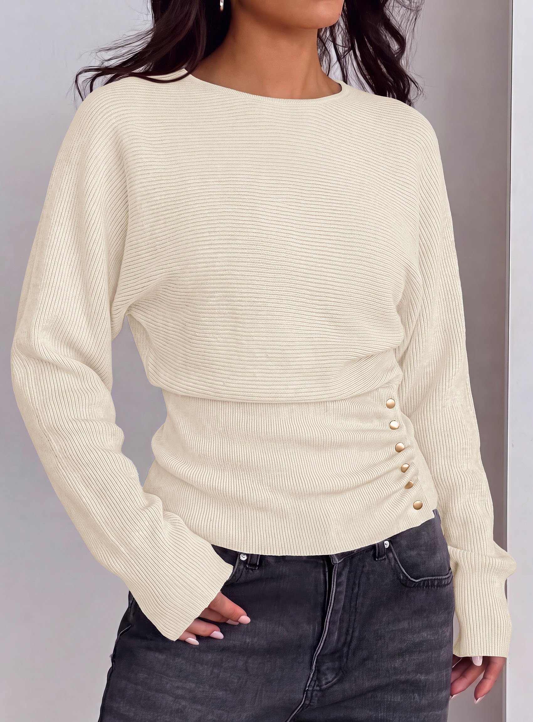 Batwing Sleeve Sweaters for Women Pullover Fall Clothes Beige