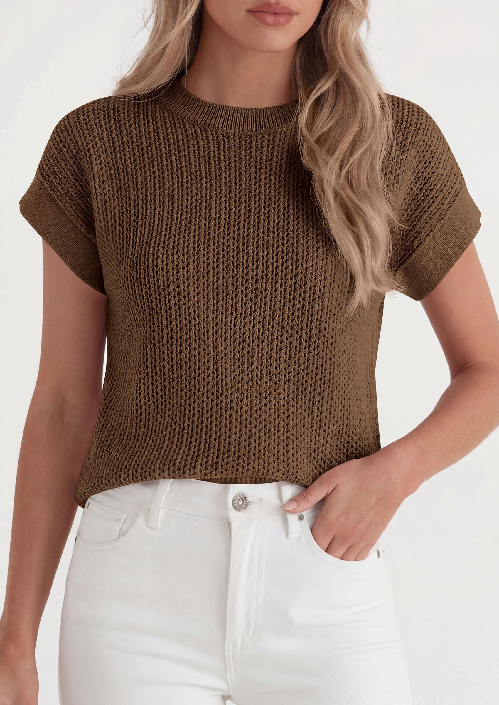 Women's Summer Sweater Vest Crochet Tops (Coffee,S)