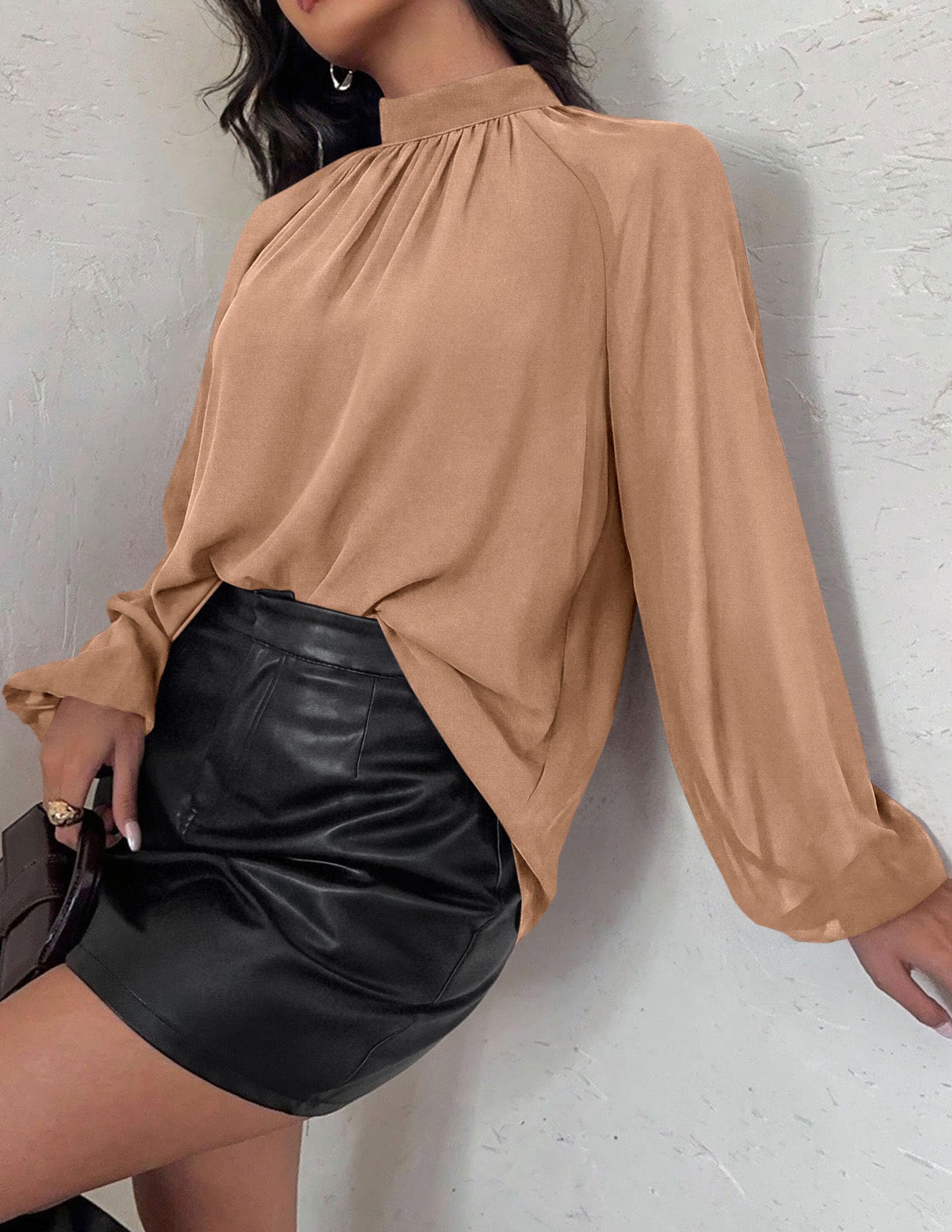 Chiffon Blouses for Women Dressy Casual Mock Neck Tops Khaki