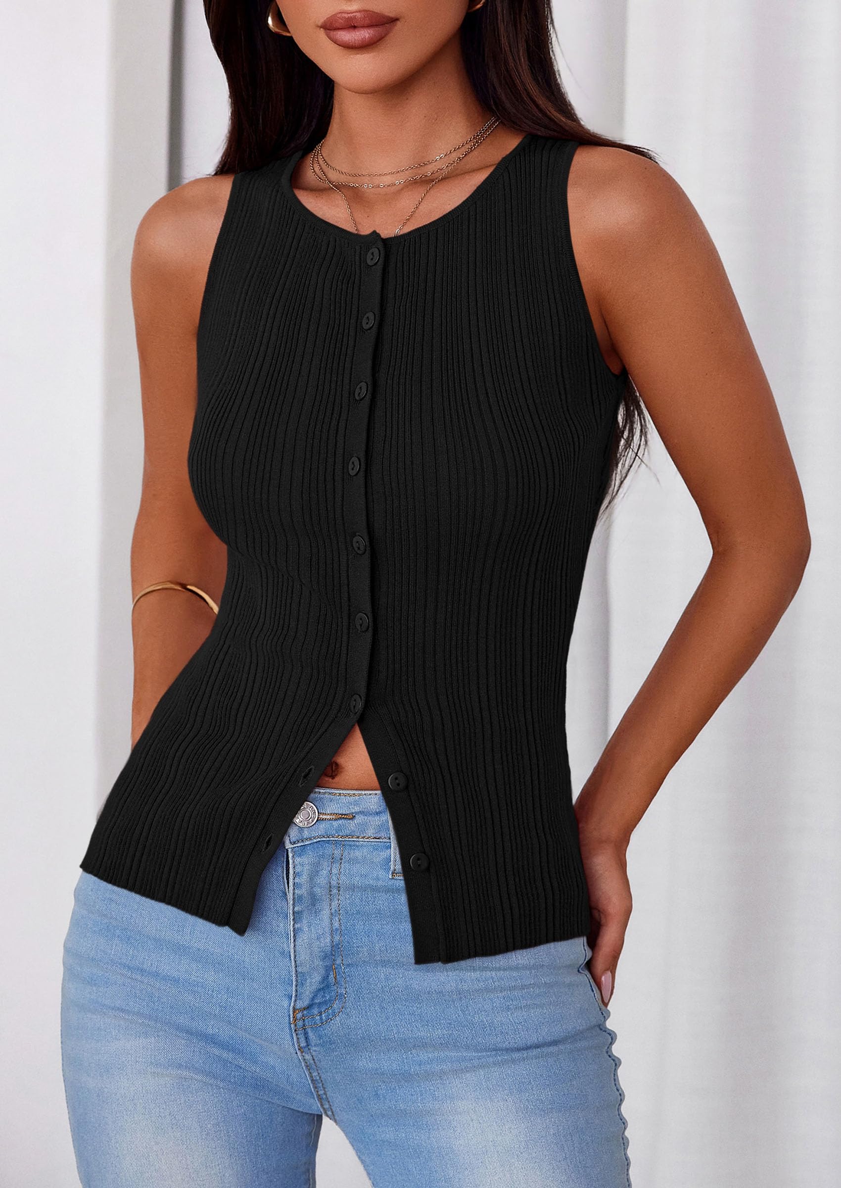 Sleeveless Button Down Shirts for Women Summer 2026 Going Out Ribbed Knit Tank Tops Y2K Clothes Trendy Vest Tops Black
