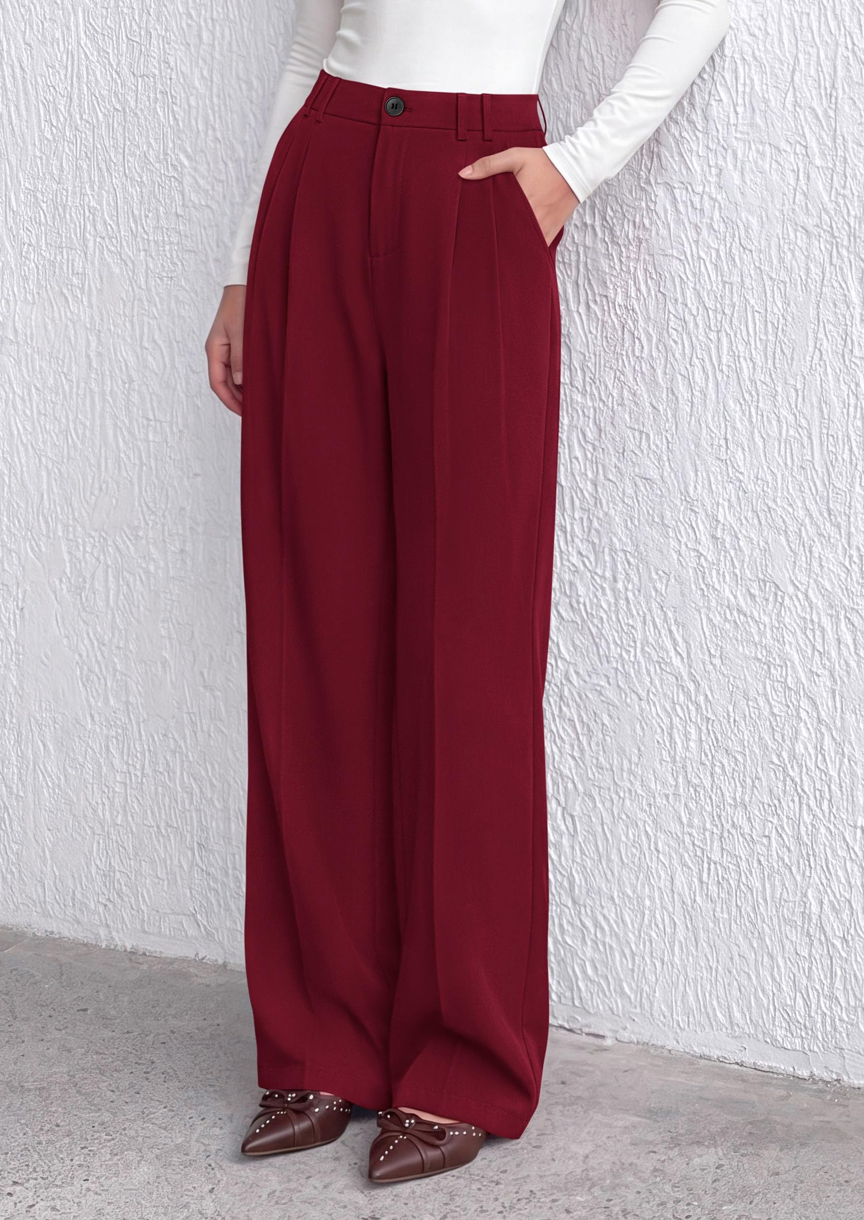 Women's Dress Pants Wide Leg Flowy Trousers,Burgundy,S