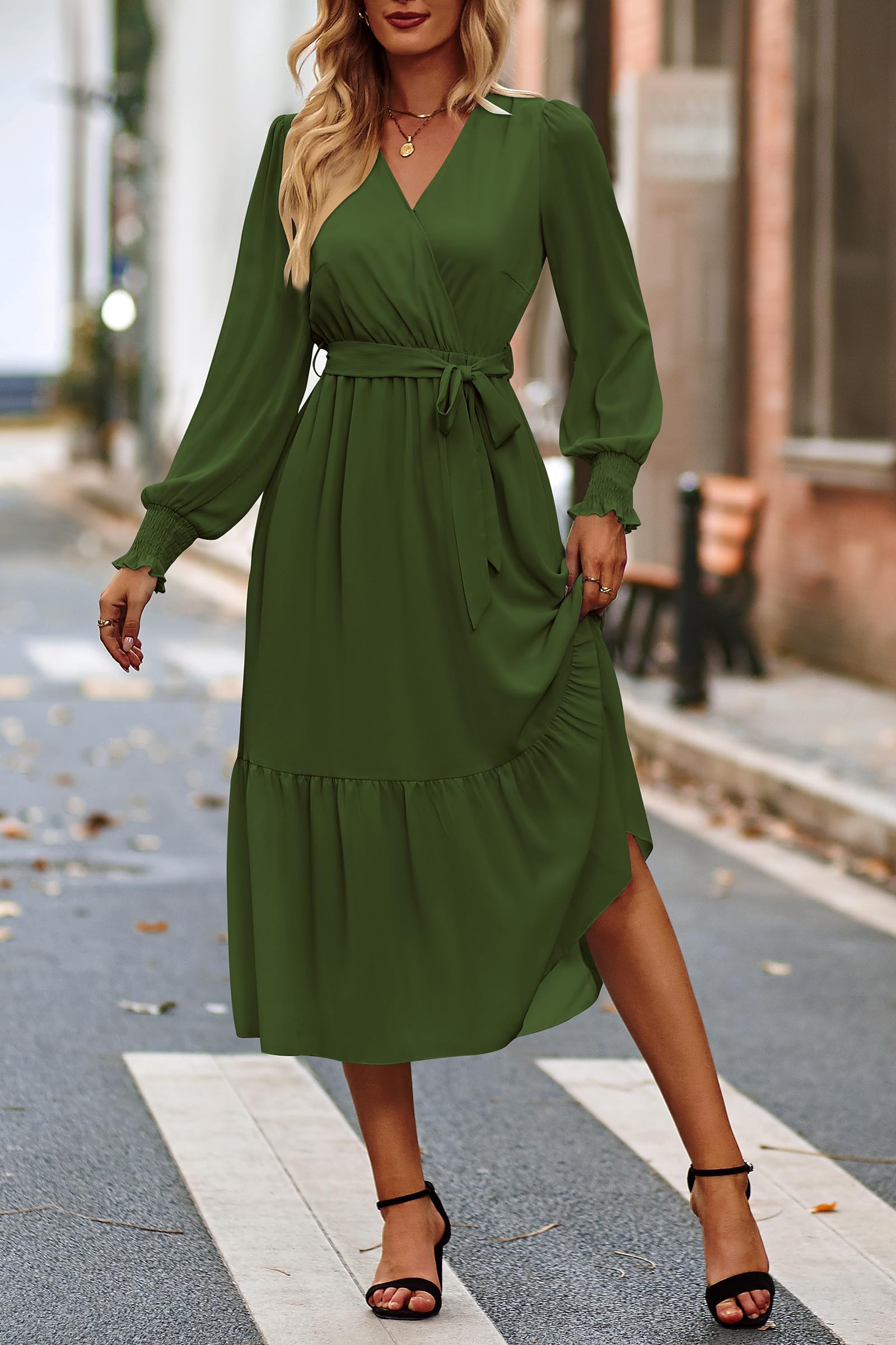 Women's Boho Long Sleeve Maxi Dress, Solid Army Green,S