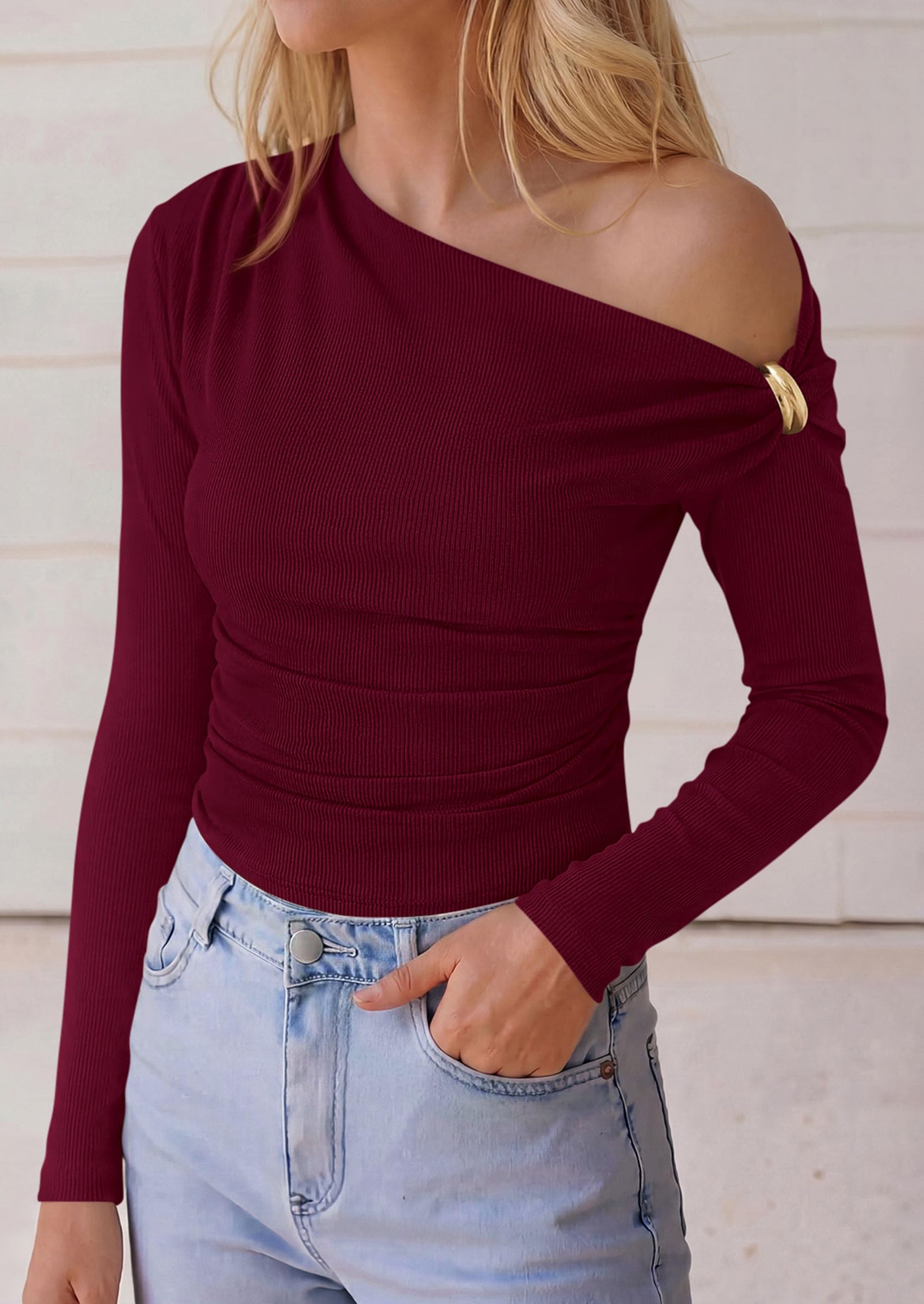 Womens Off The Shoulder Asymmetrical Tops Long Sleeve Shirts