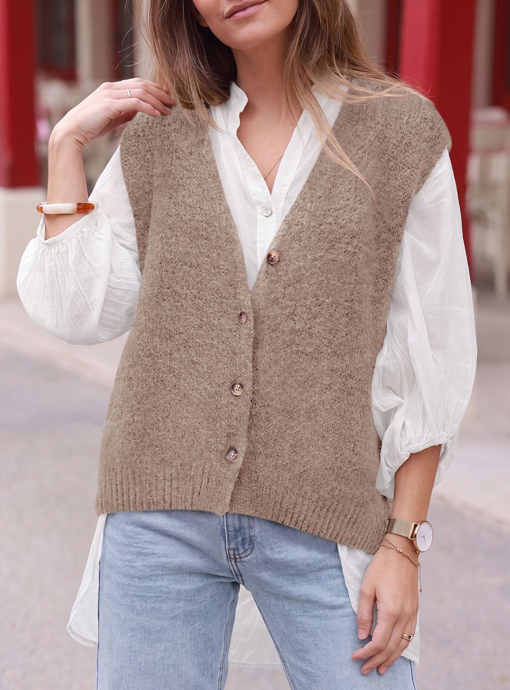 Womens Fall Sleeveless Button Down Sweater Vest,Apricot,S
